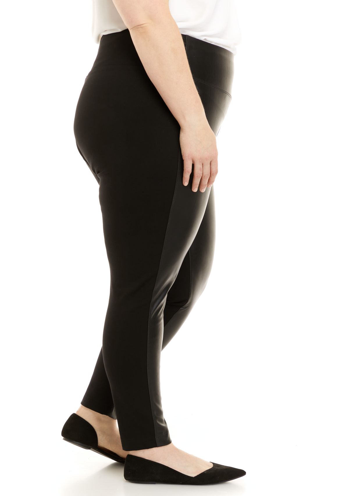 Plus Size Faux Leather Front Compression Leggings