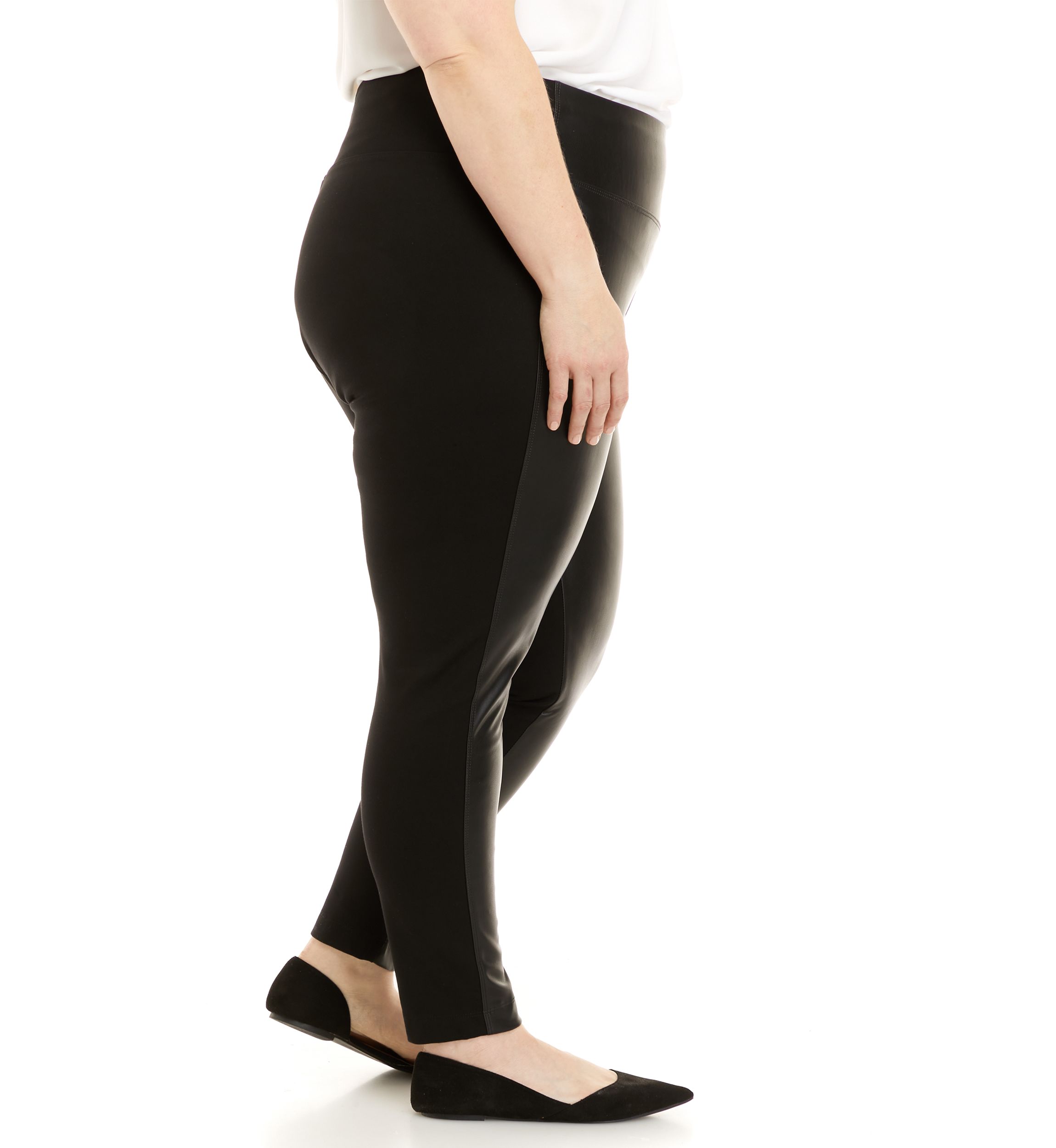 Plus Size Faux Leather Front Compression Leggings