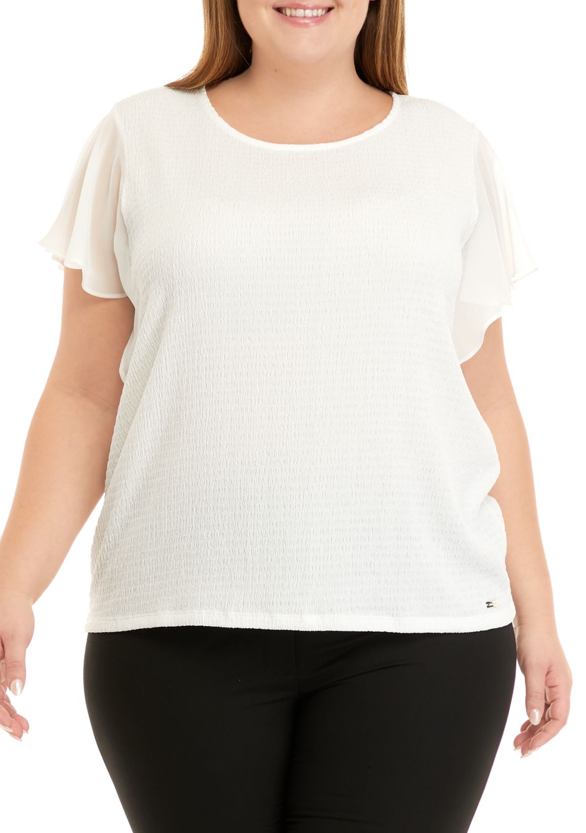 Plus Size Short Flutter Sleeve Smocked Top