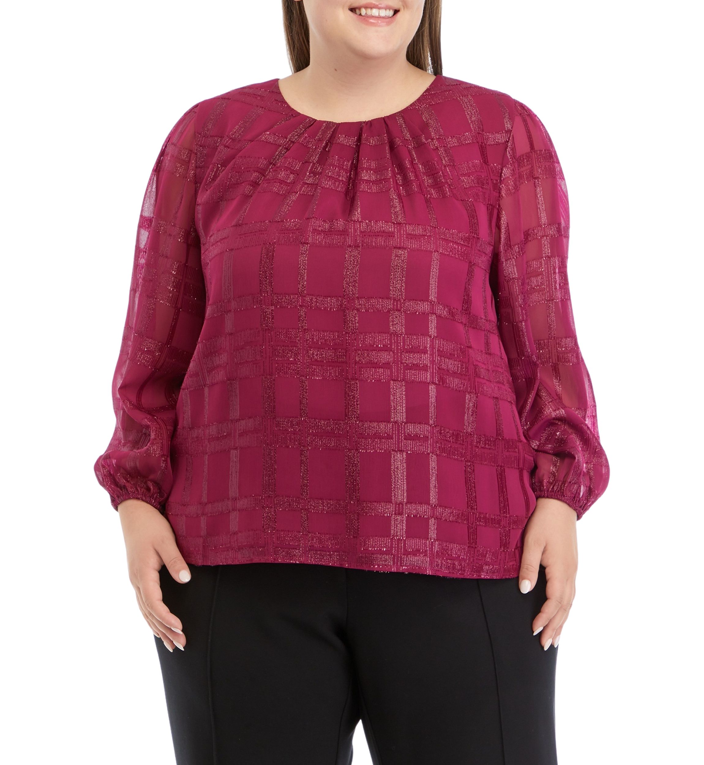 Plus Size Long Sleeve Windowpane Metallic Woven Top