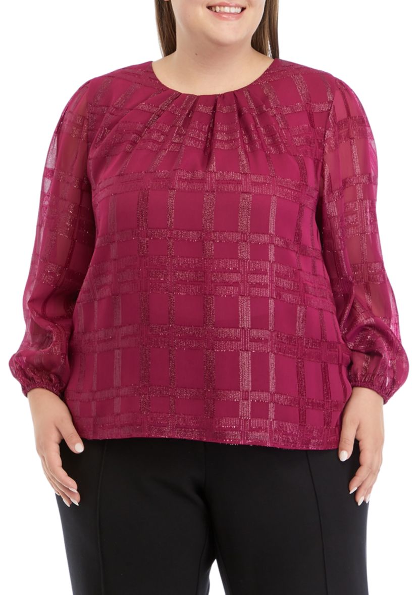 Plus Size Long Sleeve Windowpane Metallic Woven Top