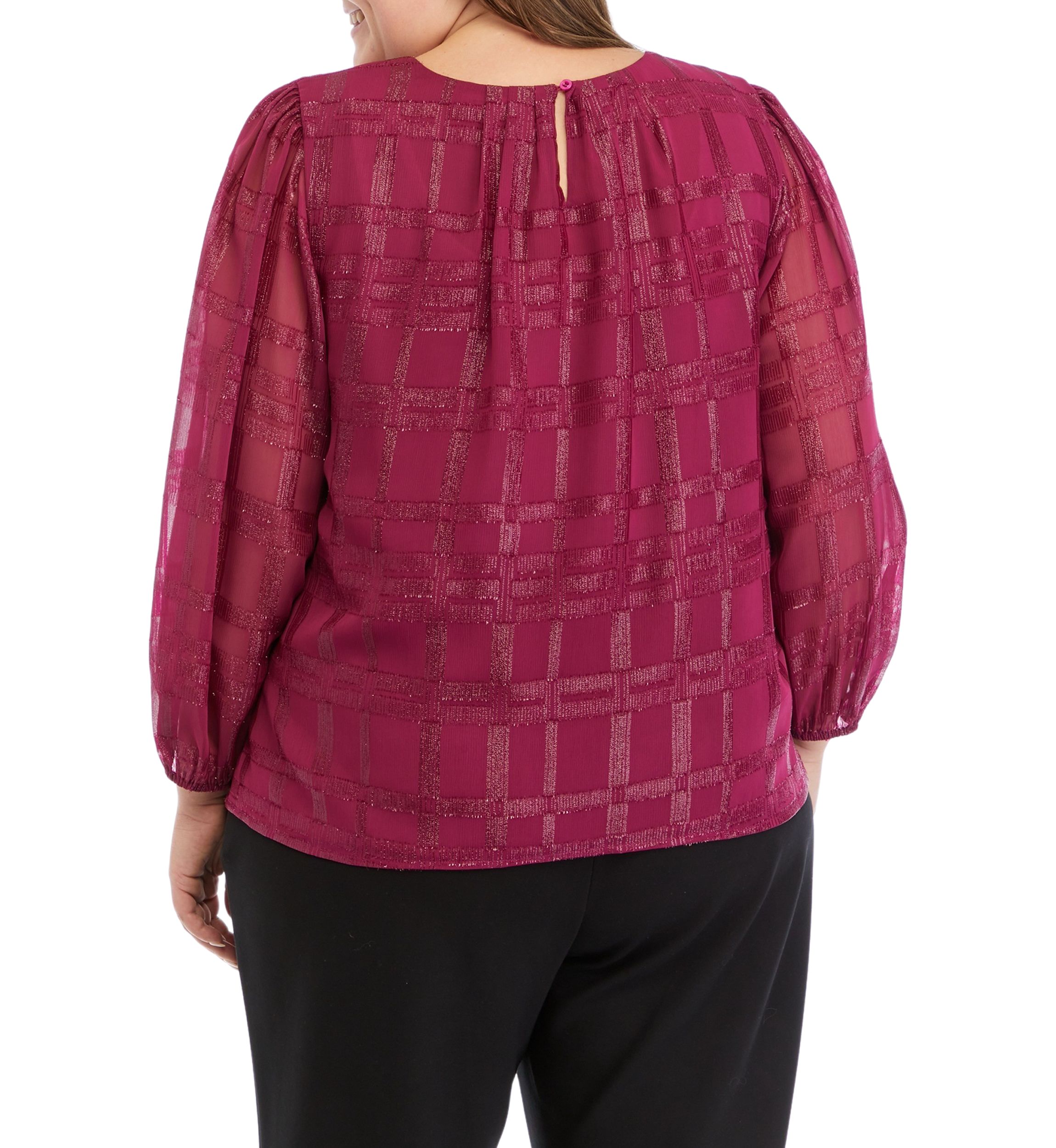 Plus Size Long Sleeve Windowpane Metallic Woven Top