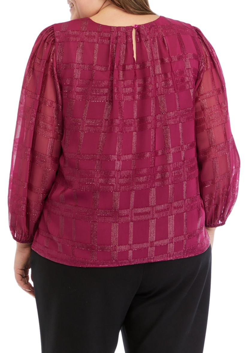 Plus Size Long Sleeve Windowpane Metallic Woven Top
