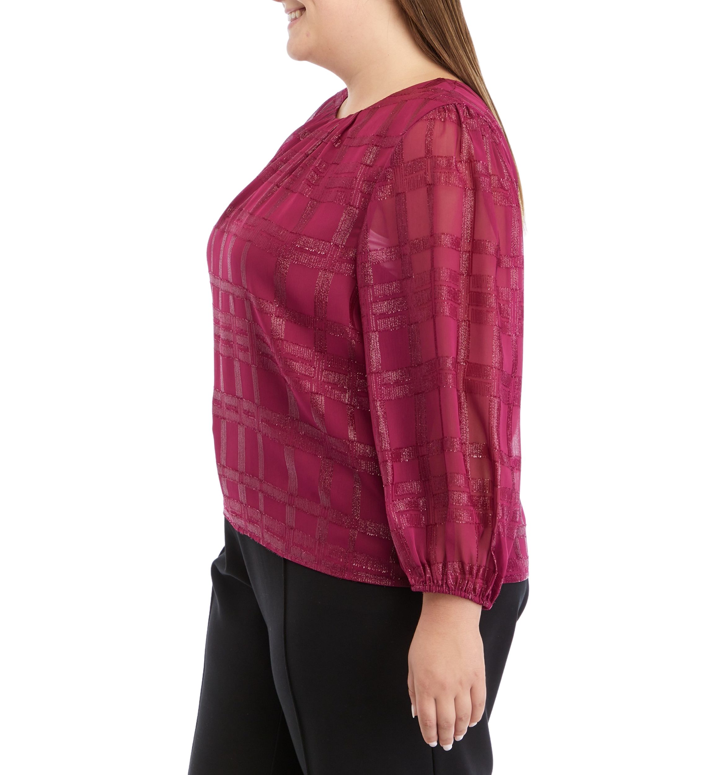 Plus Size Long Sleeve Windowpane Metallic Woven Top
