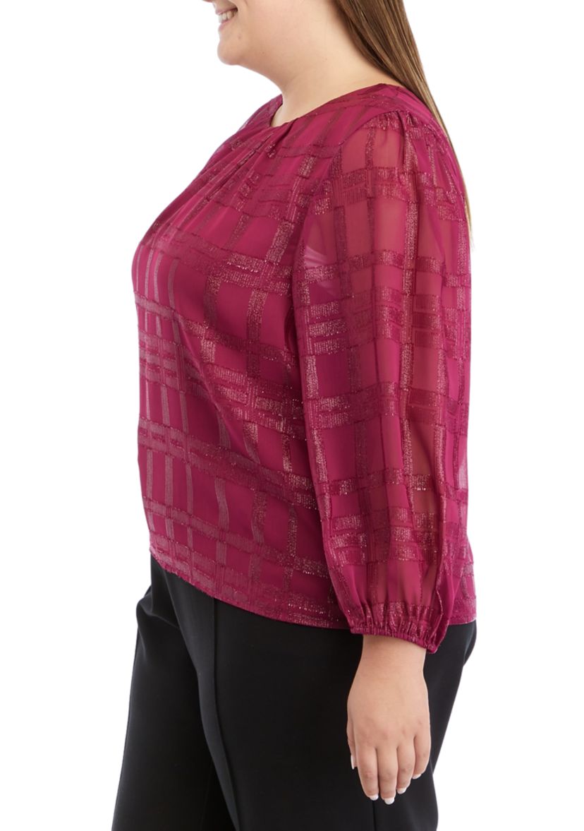 Plus Size Long Sleeve Windowpane Metallic Woven Top
