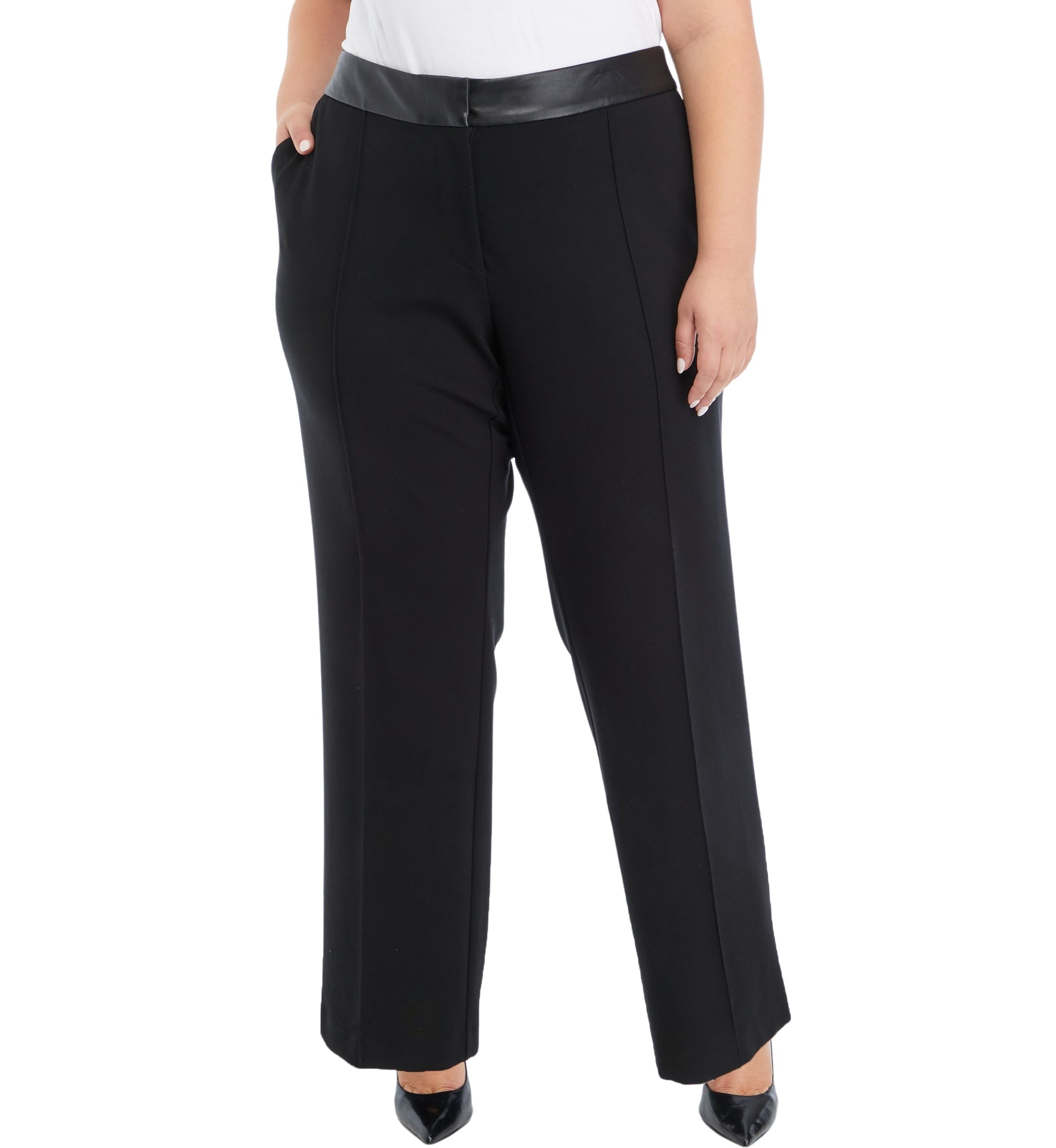 Plus Size Ponte Pants with Leather Trim
