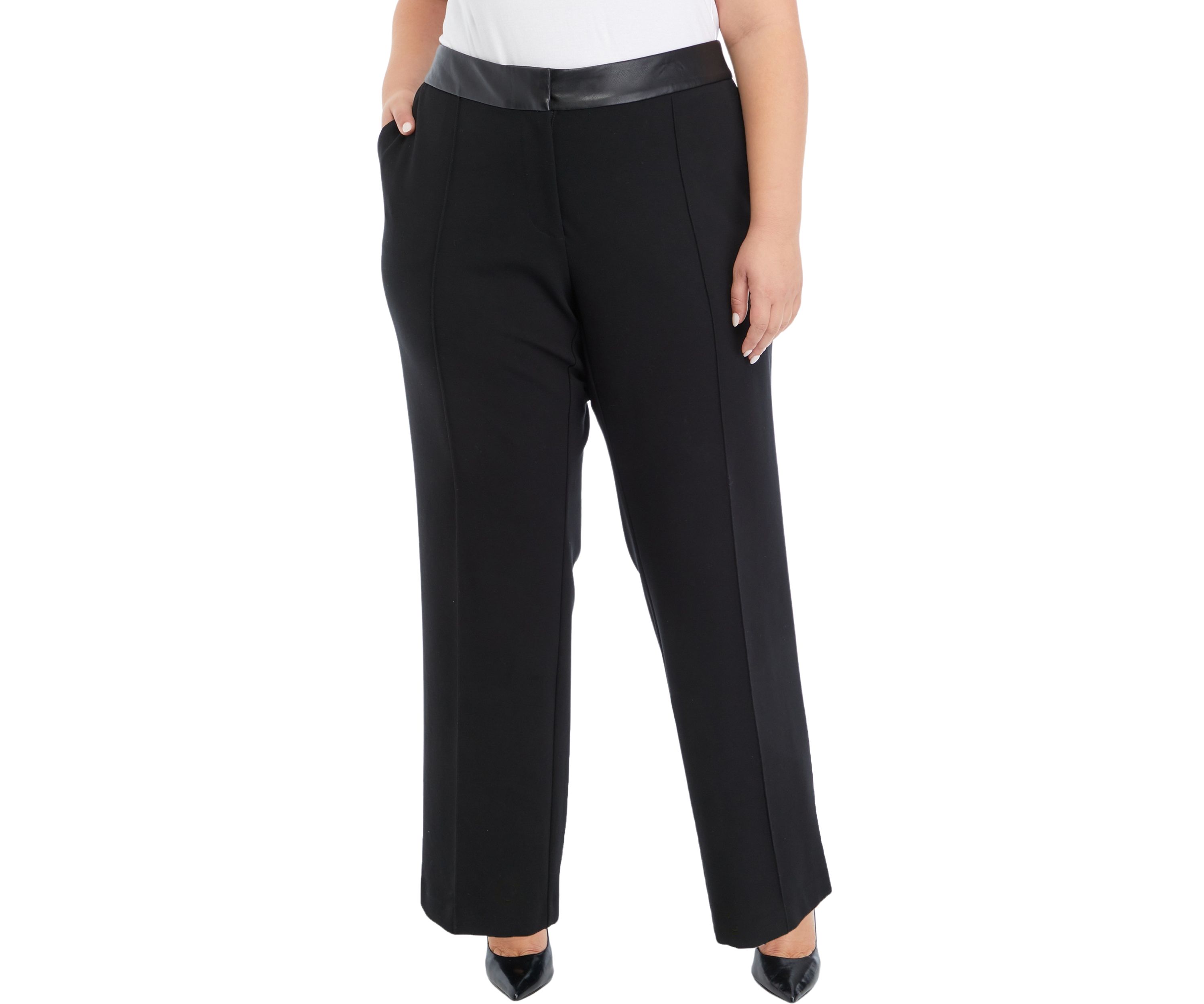 Plus Size Ponte Pants with Leather Trim