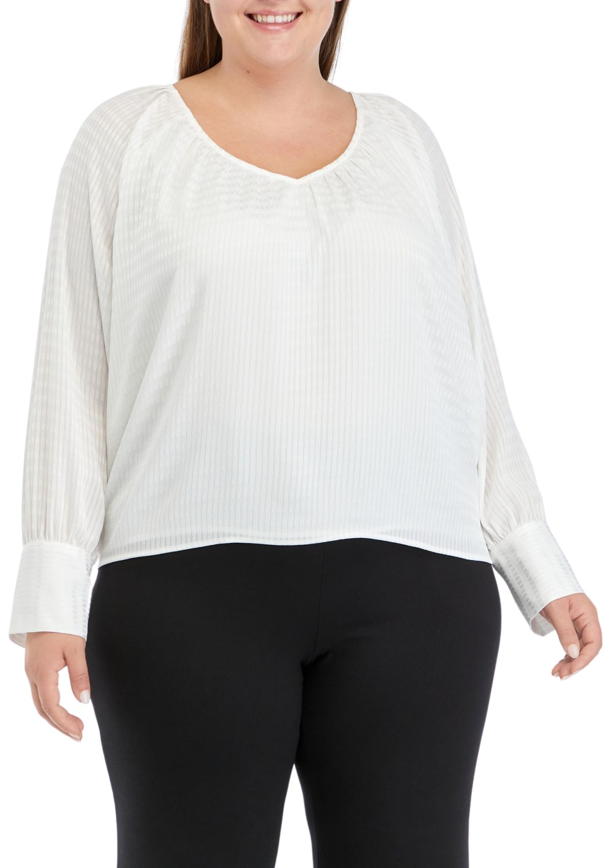 Plus Size Long Sleeve Tiled Chiffon V-Neck Top