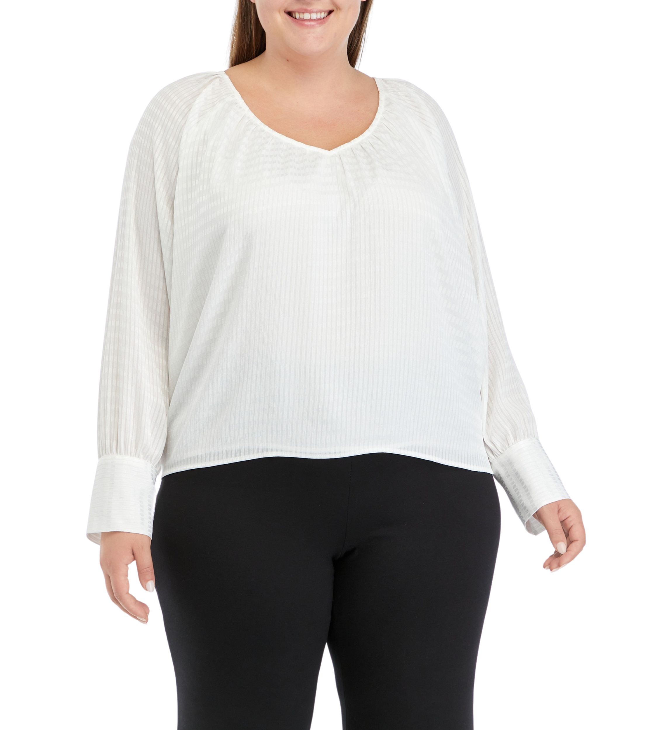 Plus Size Long Sleeve Tiled Chiffon V-Neck Top