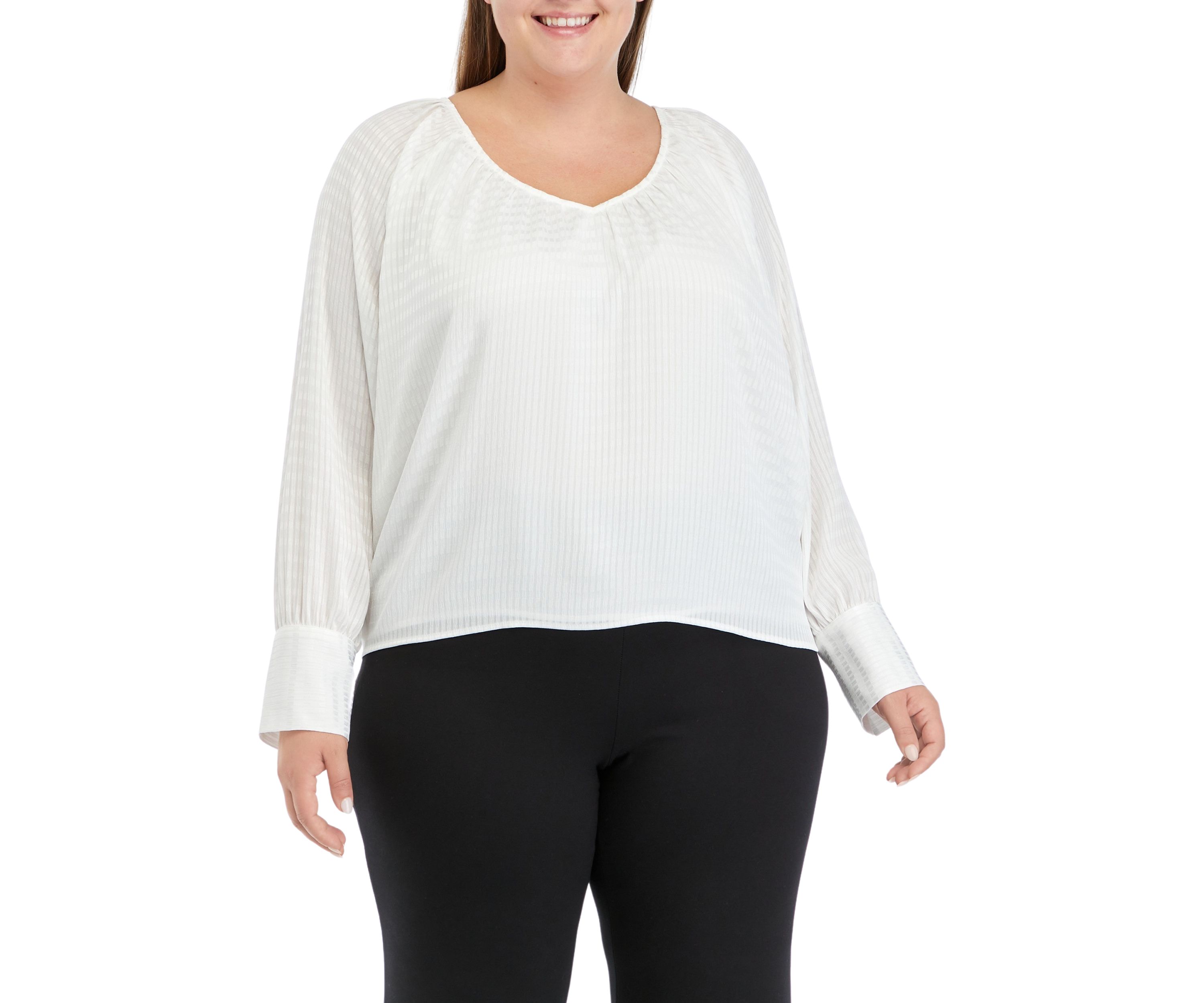 Plus Size Long Sleeve Tiled Chiffon V-Neck Top