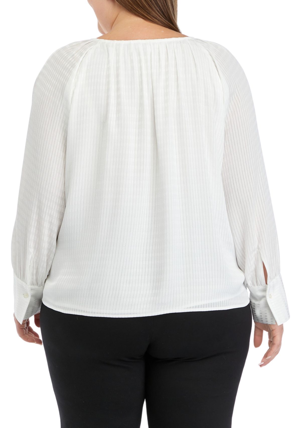 Plus Size Long Sleeve Tiled Chiffon V-Neck Top