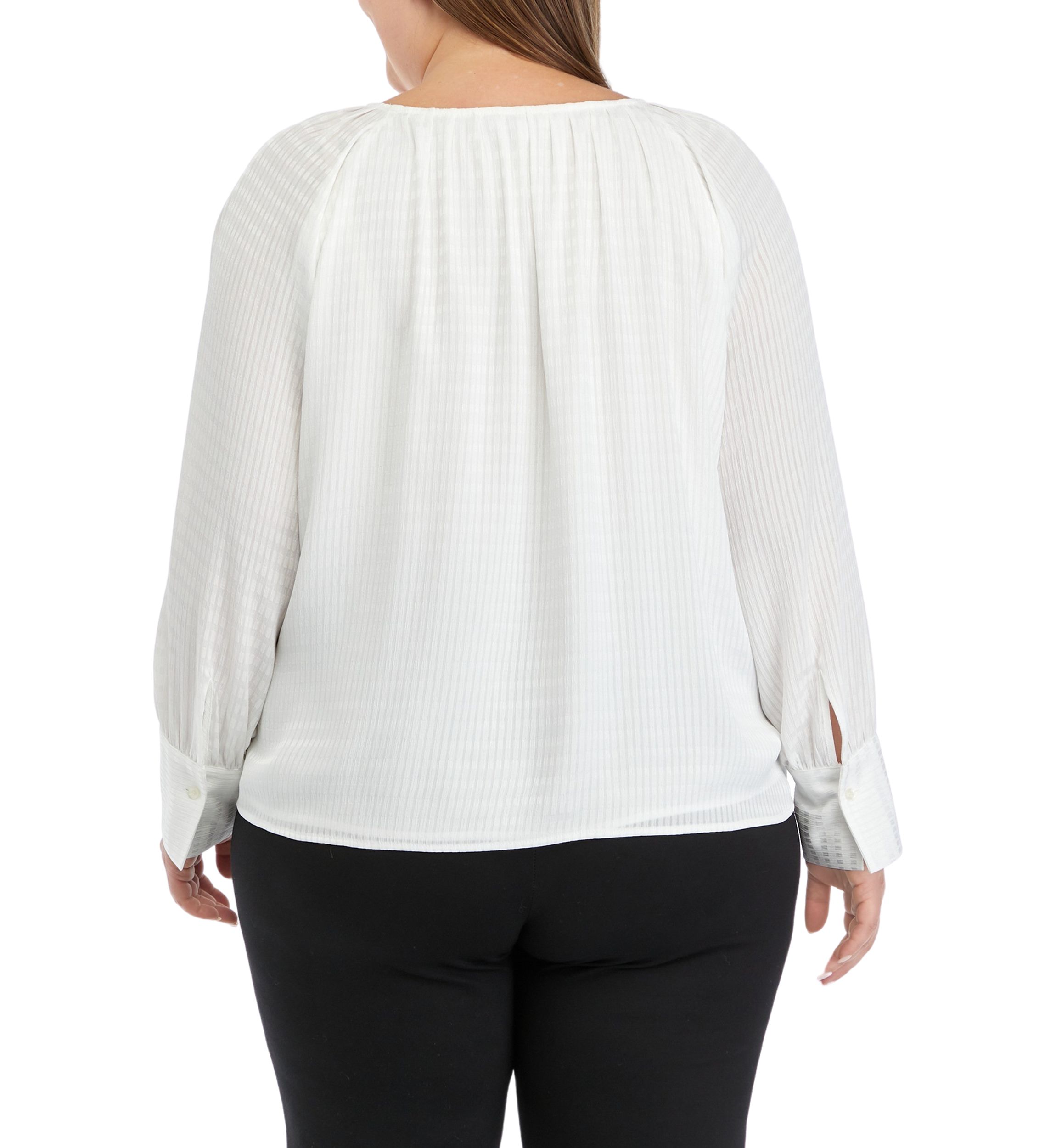Plus Size Long Sleeve Tiled Chiffon V-Neck Top