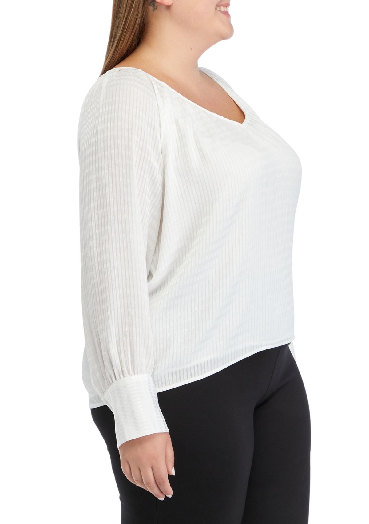 Plus Size Long Sleeve Tiled Chiffon V-Neck Top