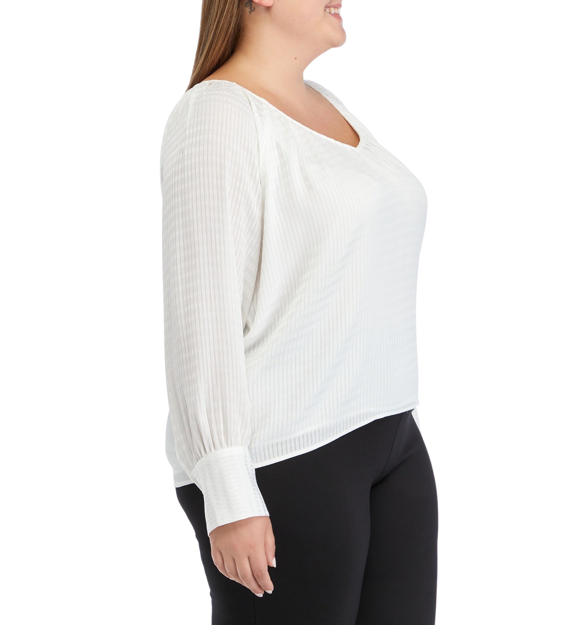 Plus Size Long Sleeve Tiled Chiffon V-Neck Top