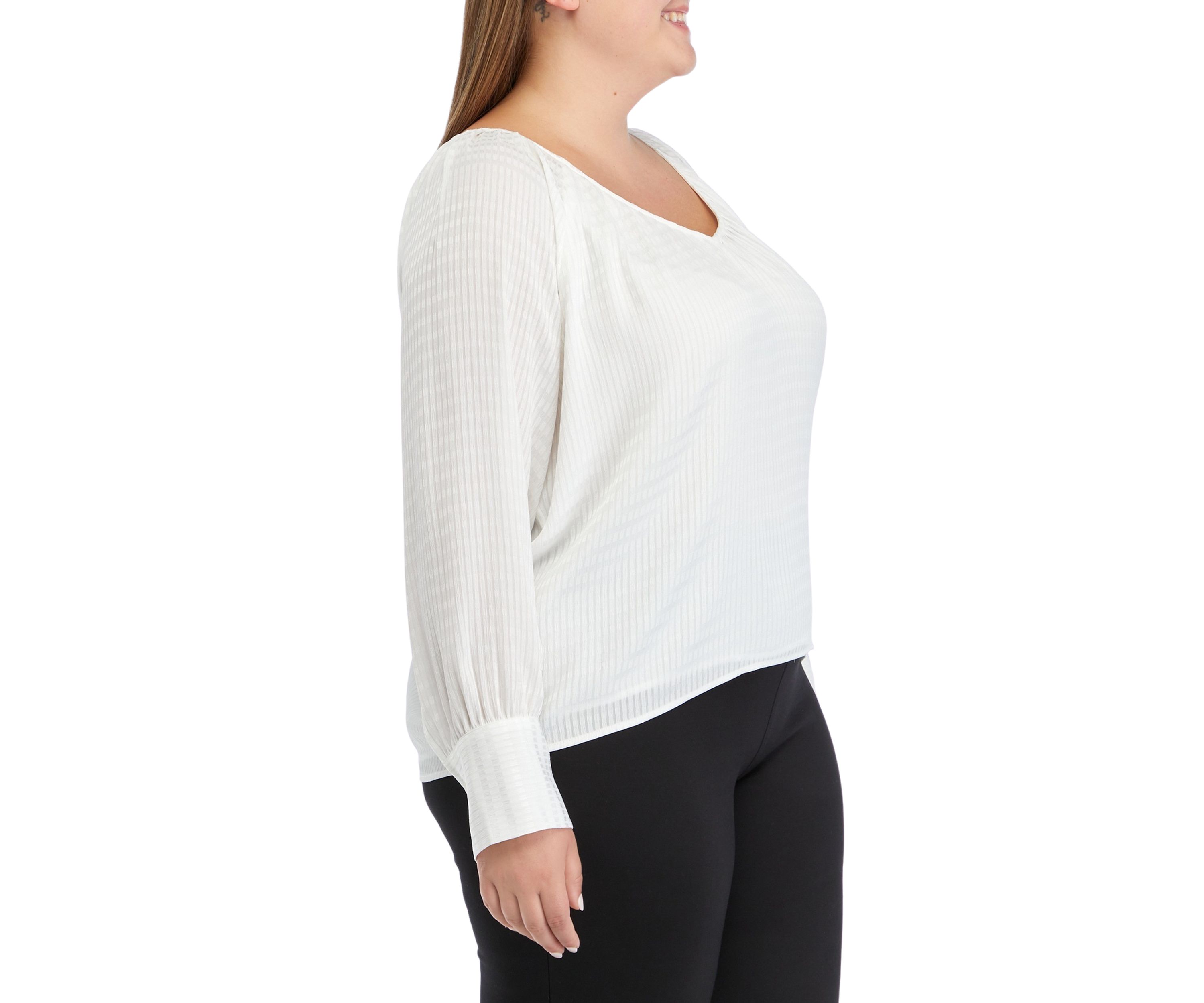 Plus Size Long Sleeve Tiled Chiffon V-Neck Top