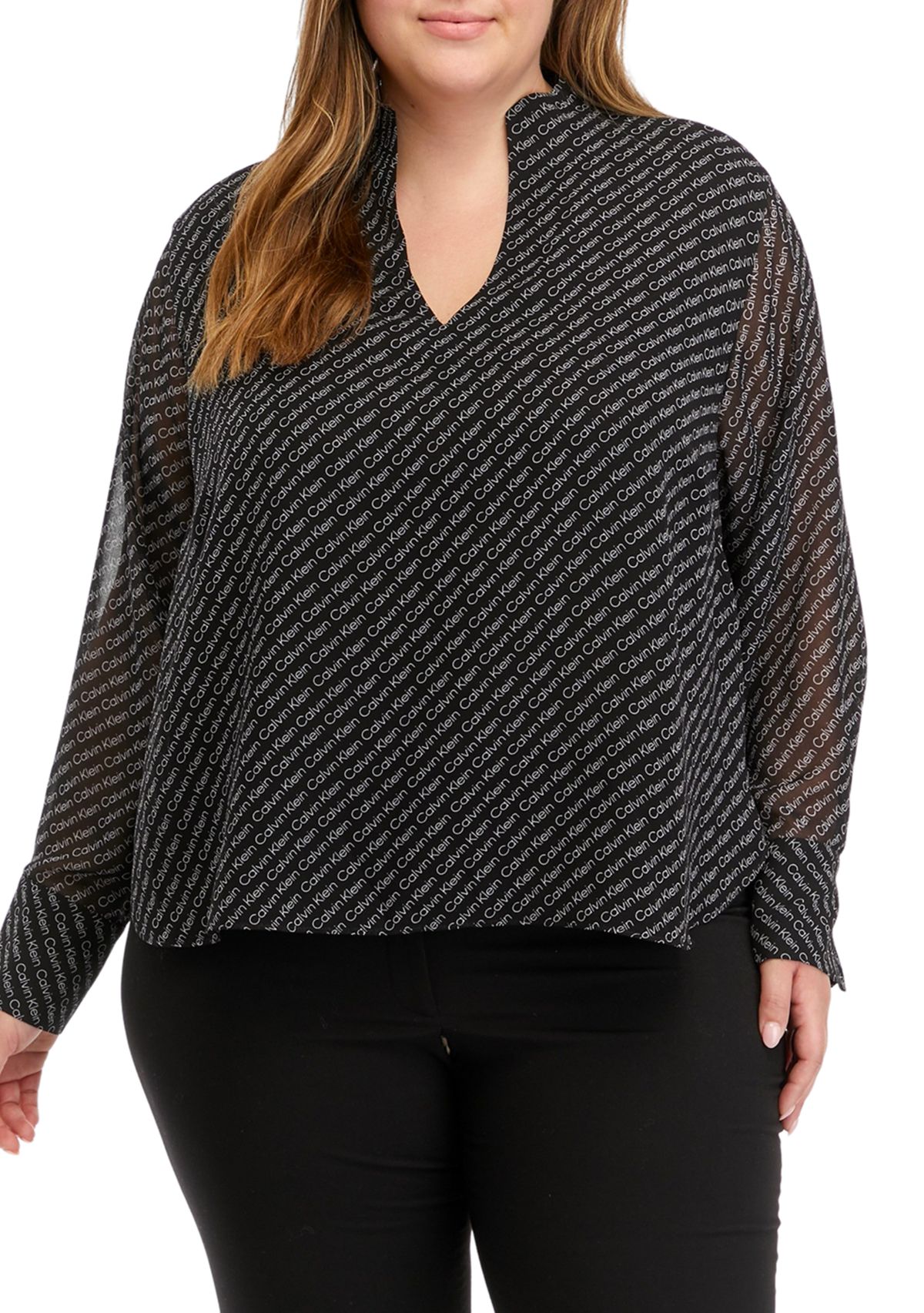 Plus Size Chiffon Sleeve Logo Woven Top