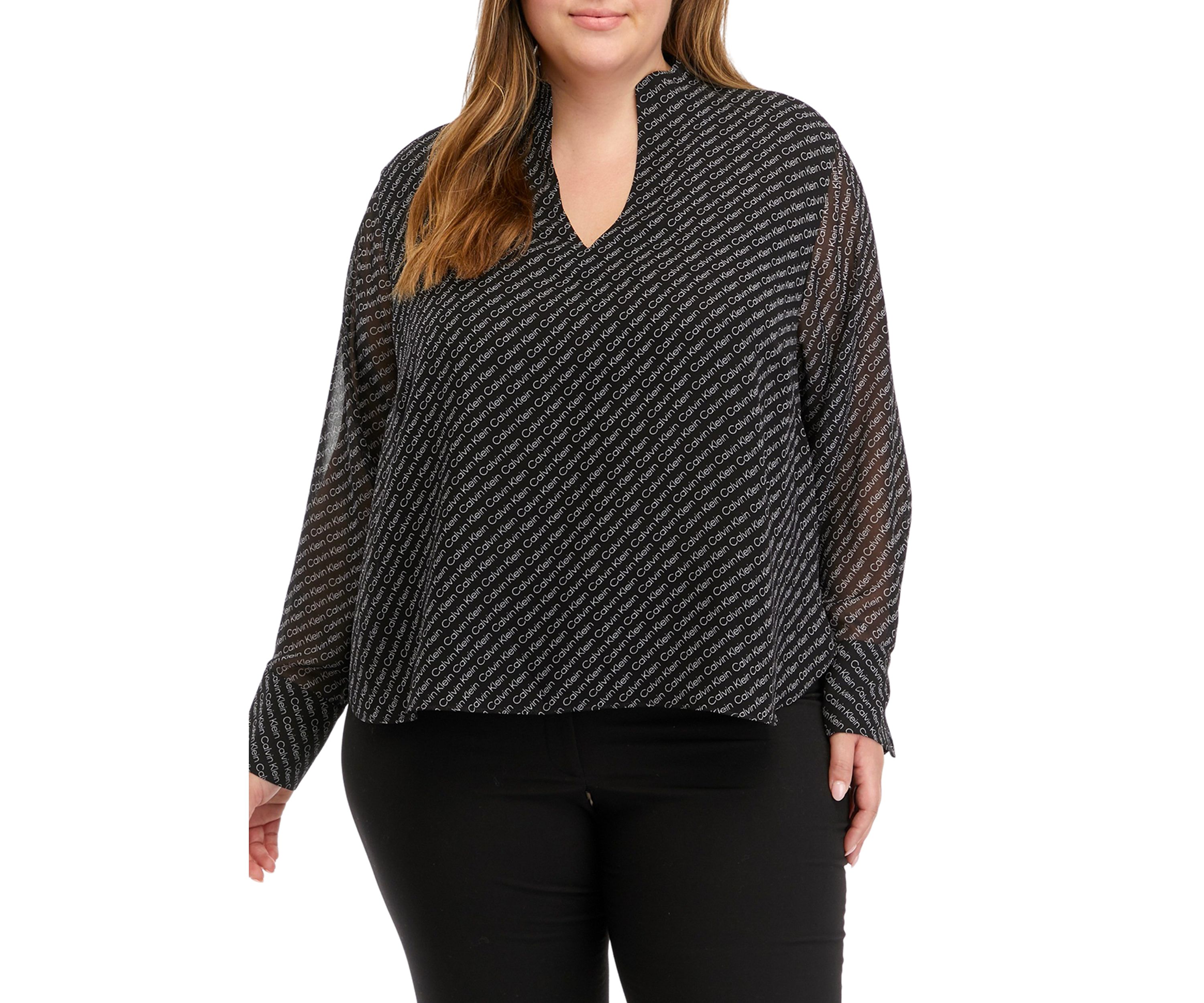 Plus Size Chiffon Sleeve Logo Woven Top