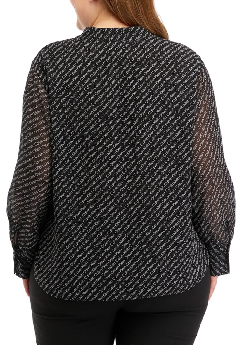 Plus Size Chiffon Sleeve Logo Woven Top