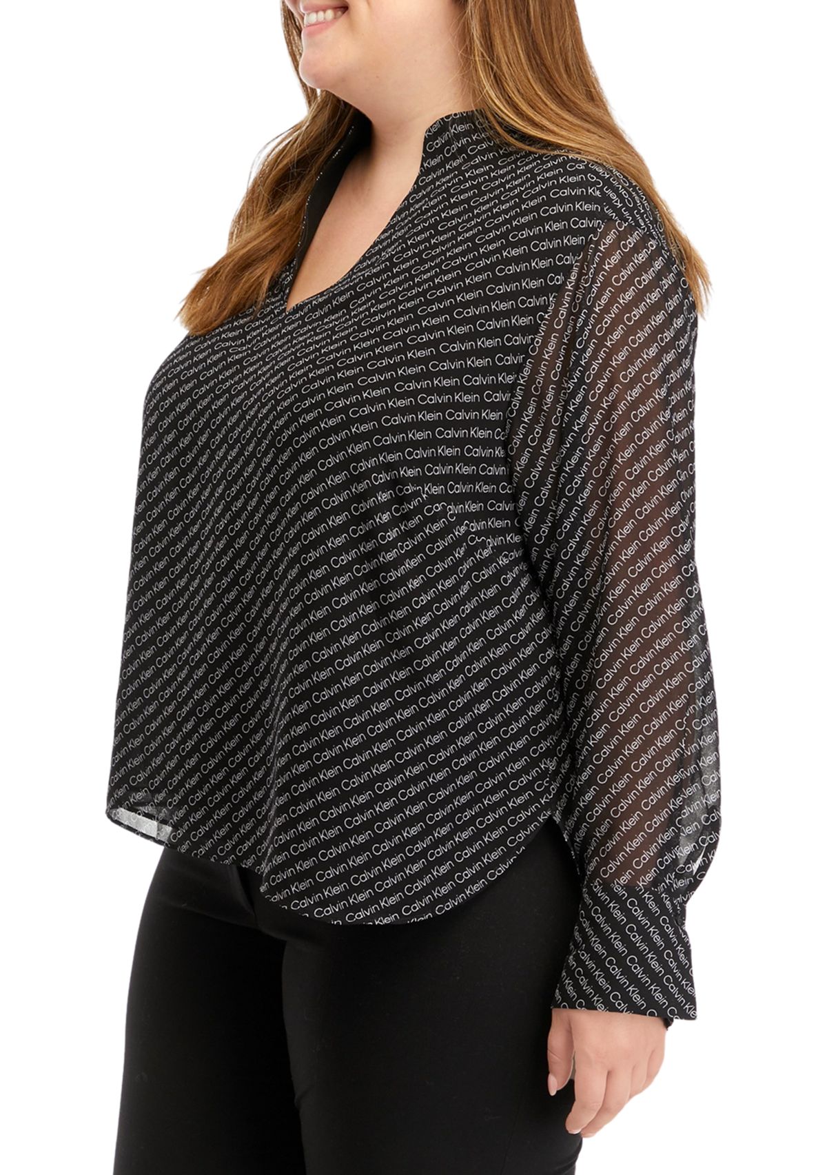 Plus Size Chiffon Sleeve Logo Woven Top