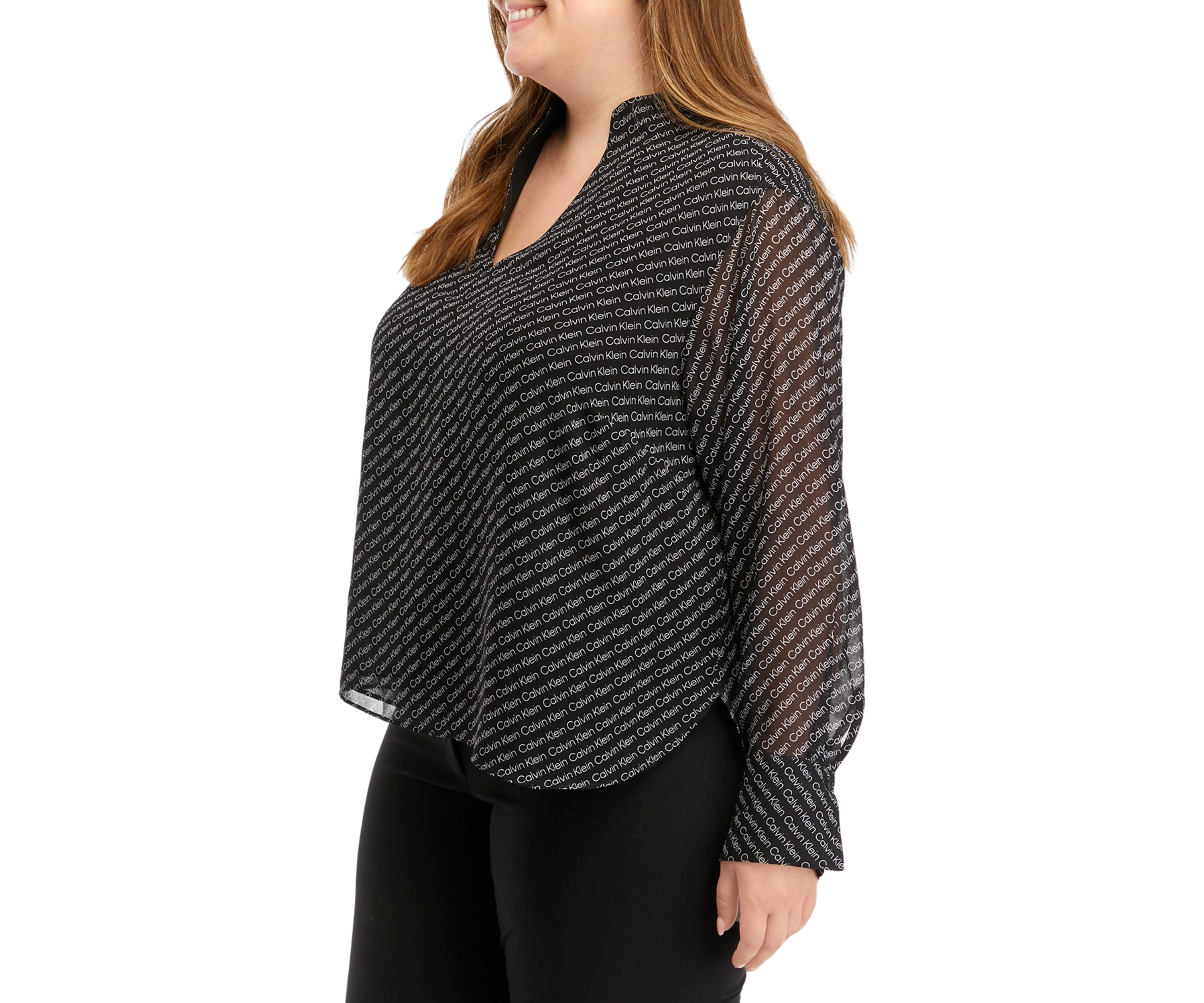 Plus Size Chiffon Sleeve Logo Woven Top