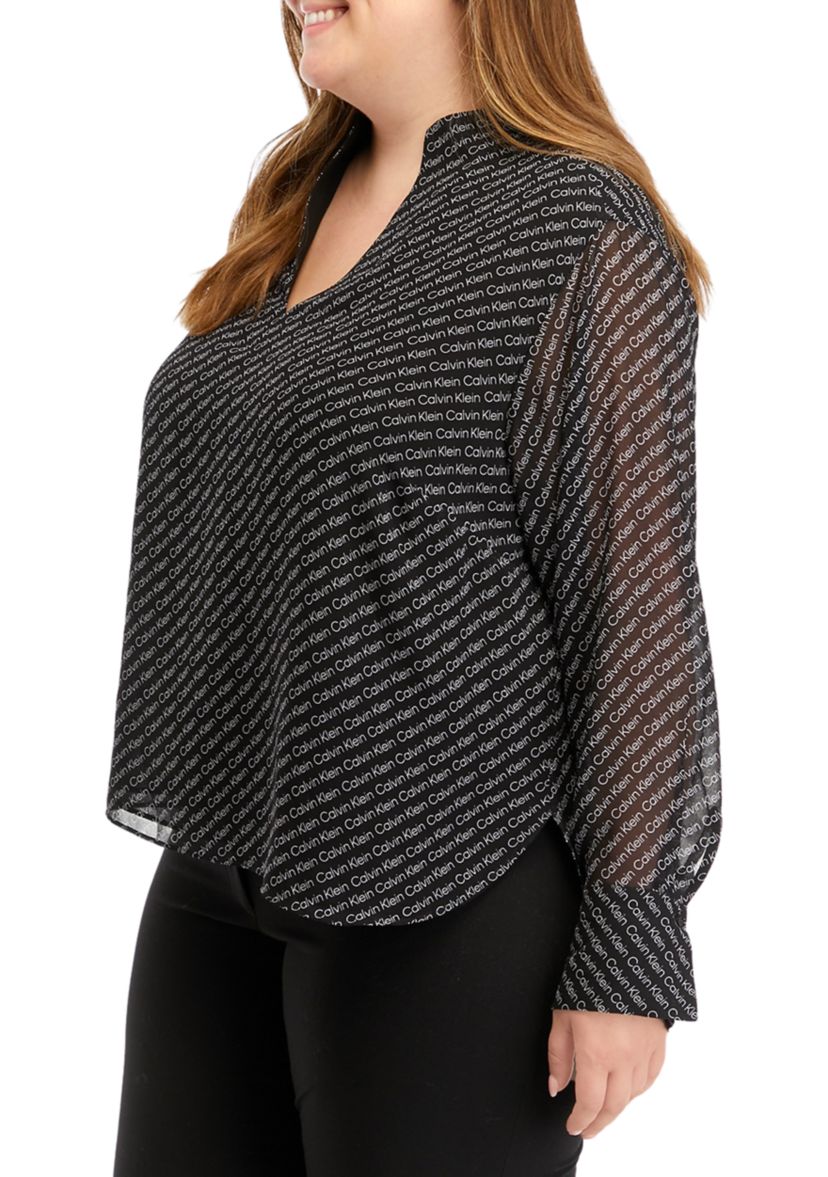 Plus Size Chiffon Sleeve Logo Woven Top