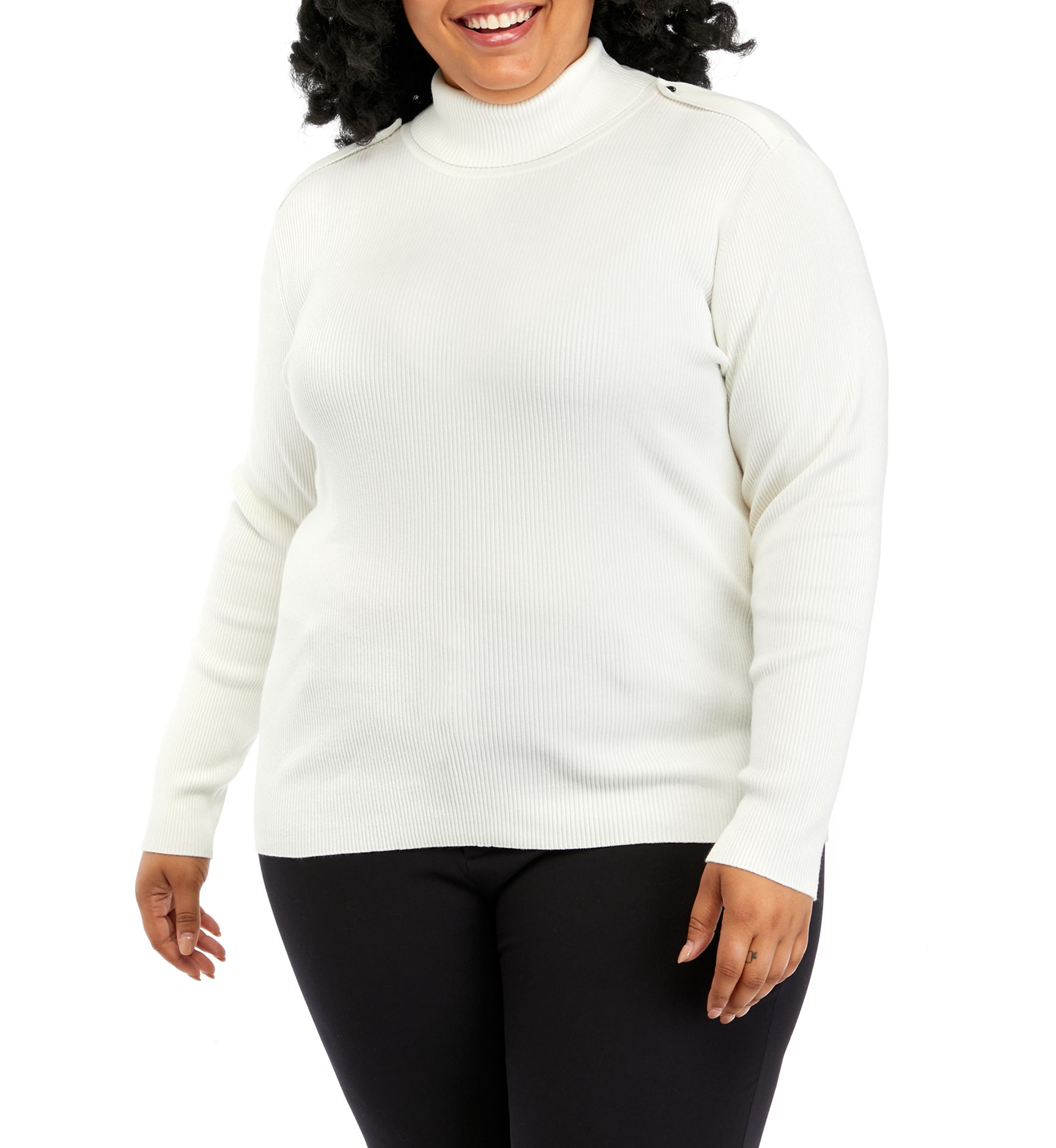 Plus Size Button Shoulder Ribbed Turtleneck Sweater