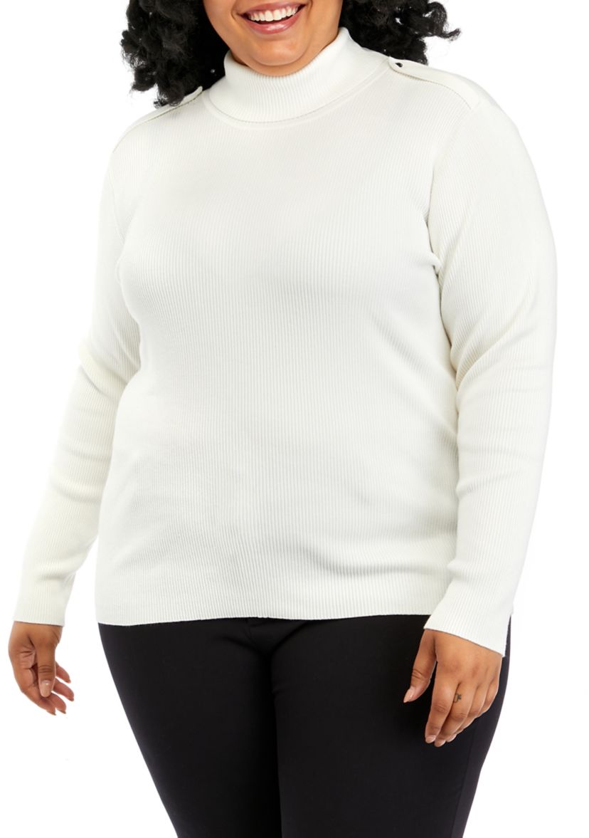 Plus Size Button Shoulder Ribbed Turtleneck Sweater