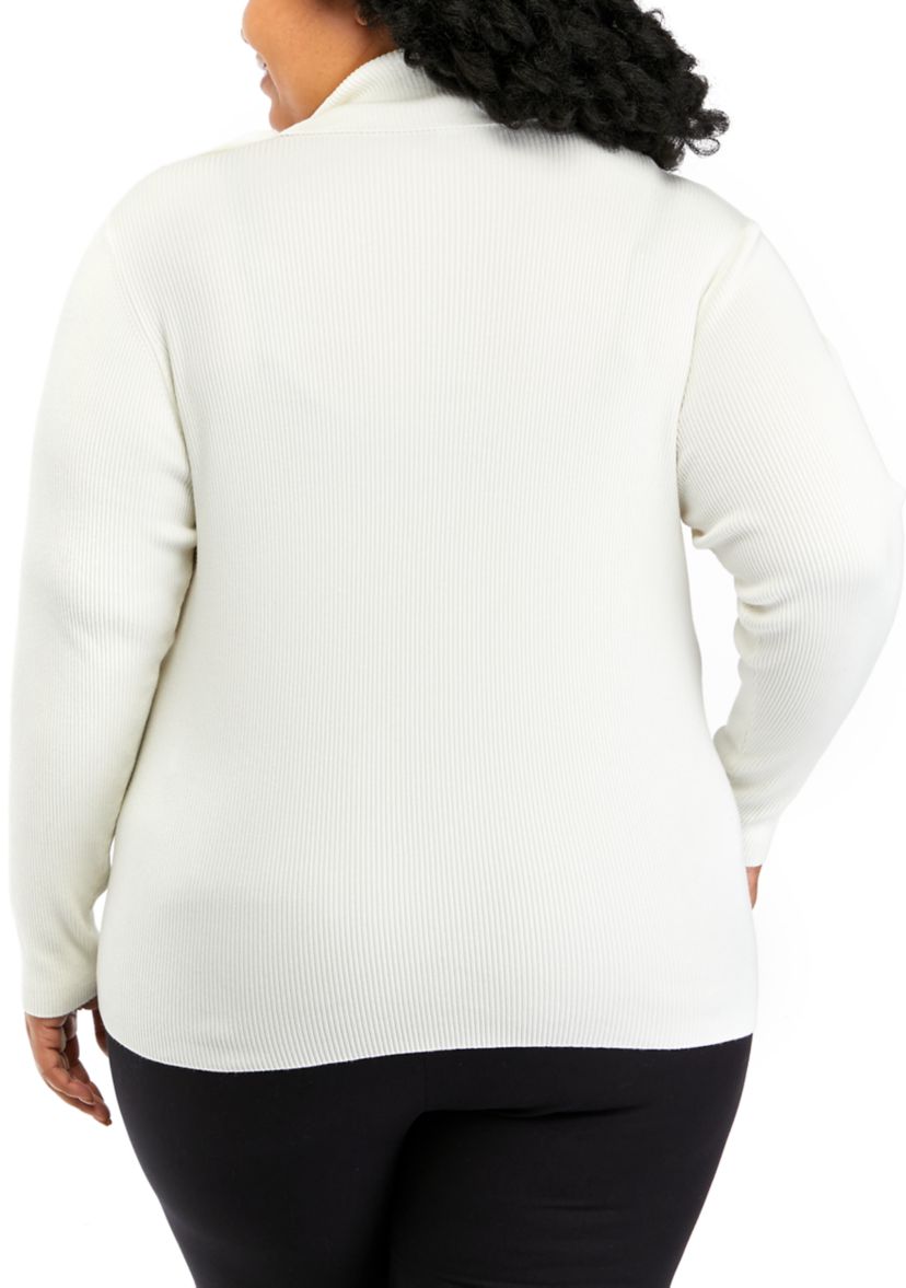 Plus Size Button Shoulder Ribbed Turtleneck Sweater