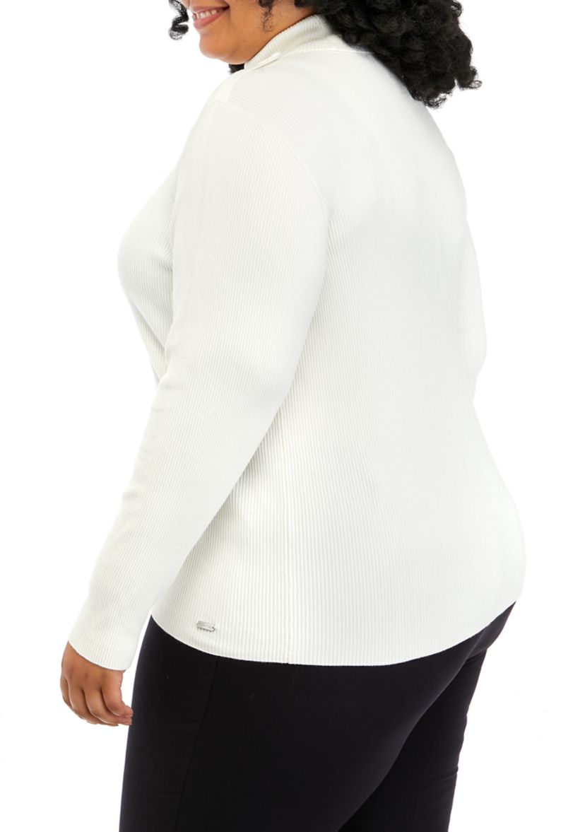 Plus Size Button Shoulder Ribbed Turtleneck Sweater