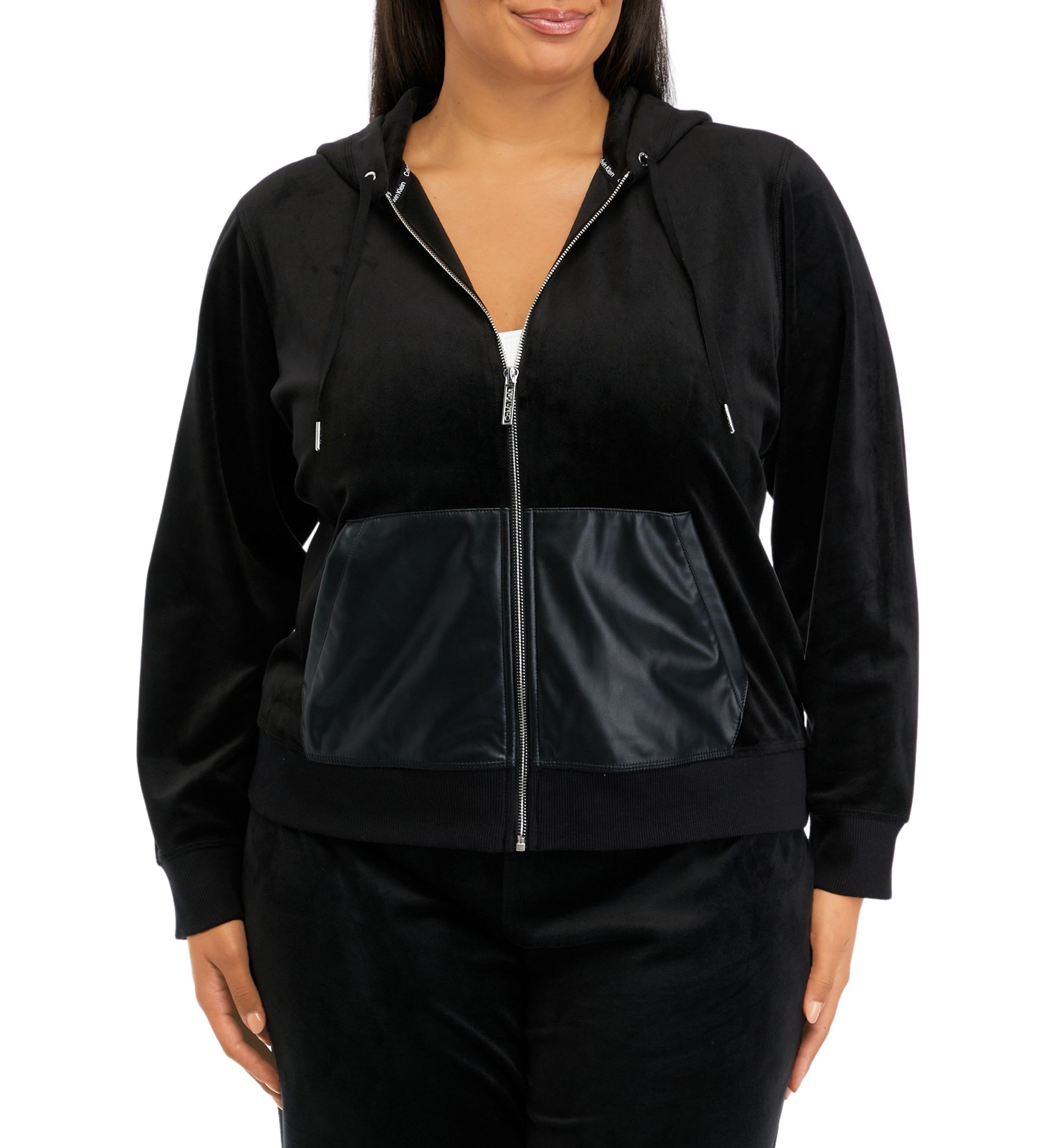 Plus Size Zippered Velour Hooded Jacket with Faux Leather Pockets