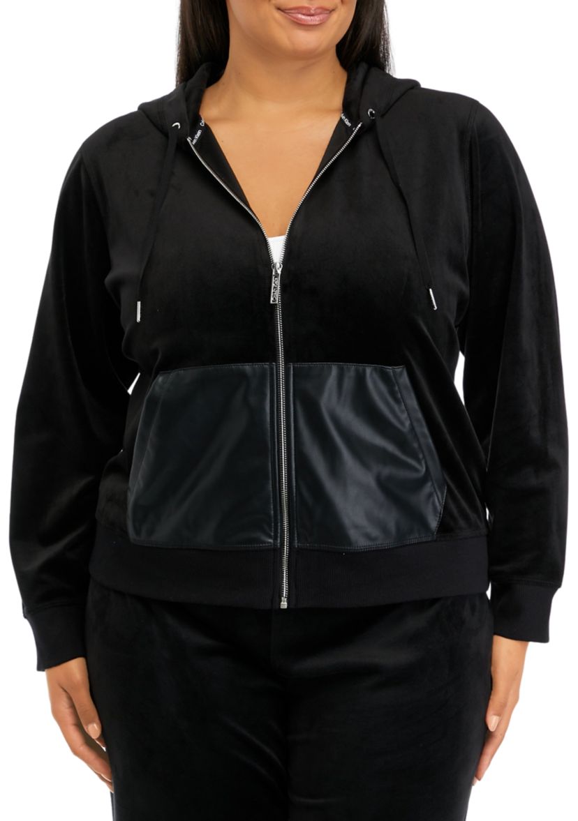 Plus Size Zippered Velour Hooded Jacket with Faux Leather Pockets
