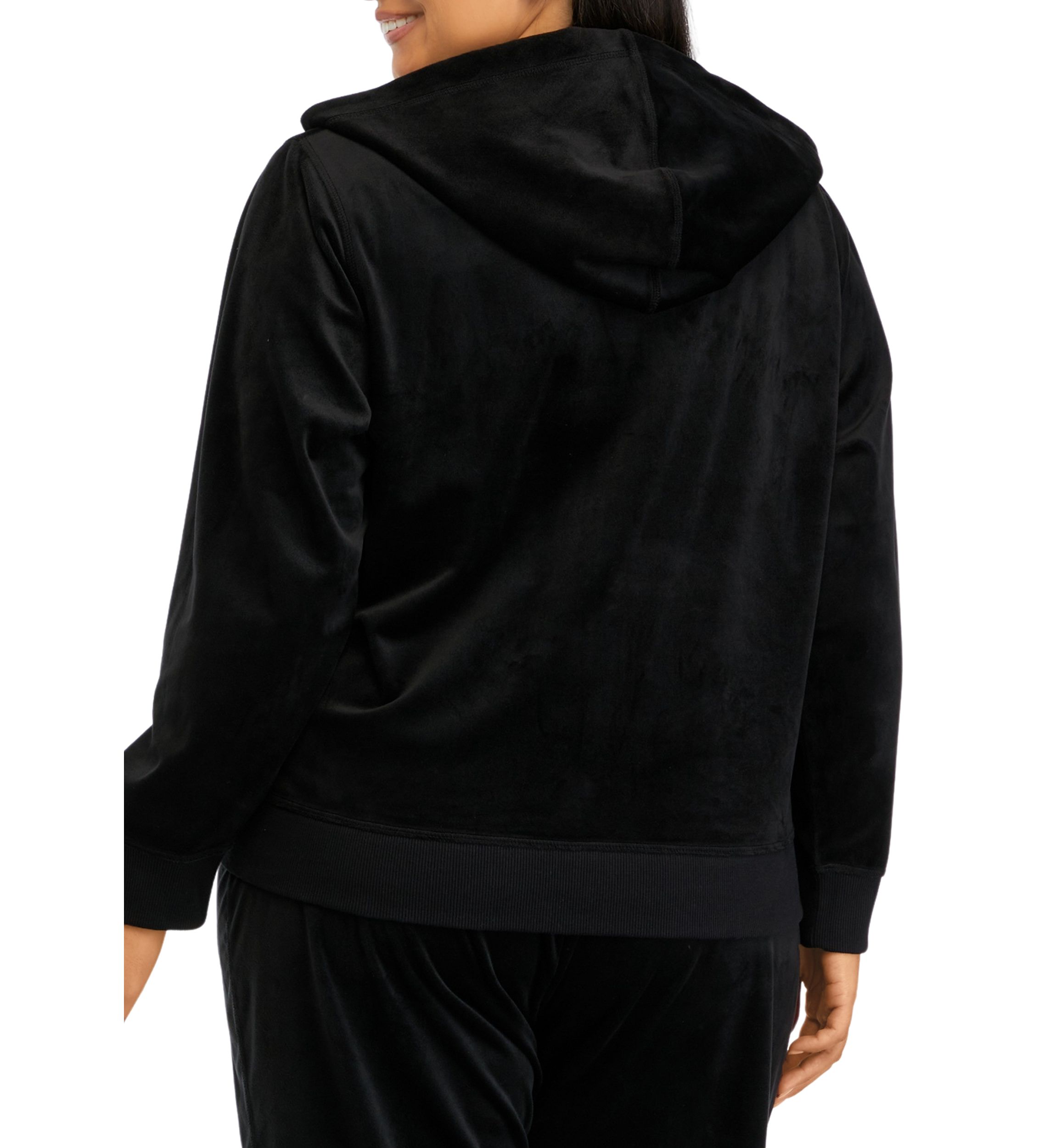 Plus Size Zippered Velour Hooded Jacket with Faux Leather Pockets
