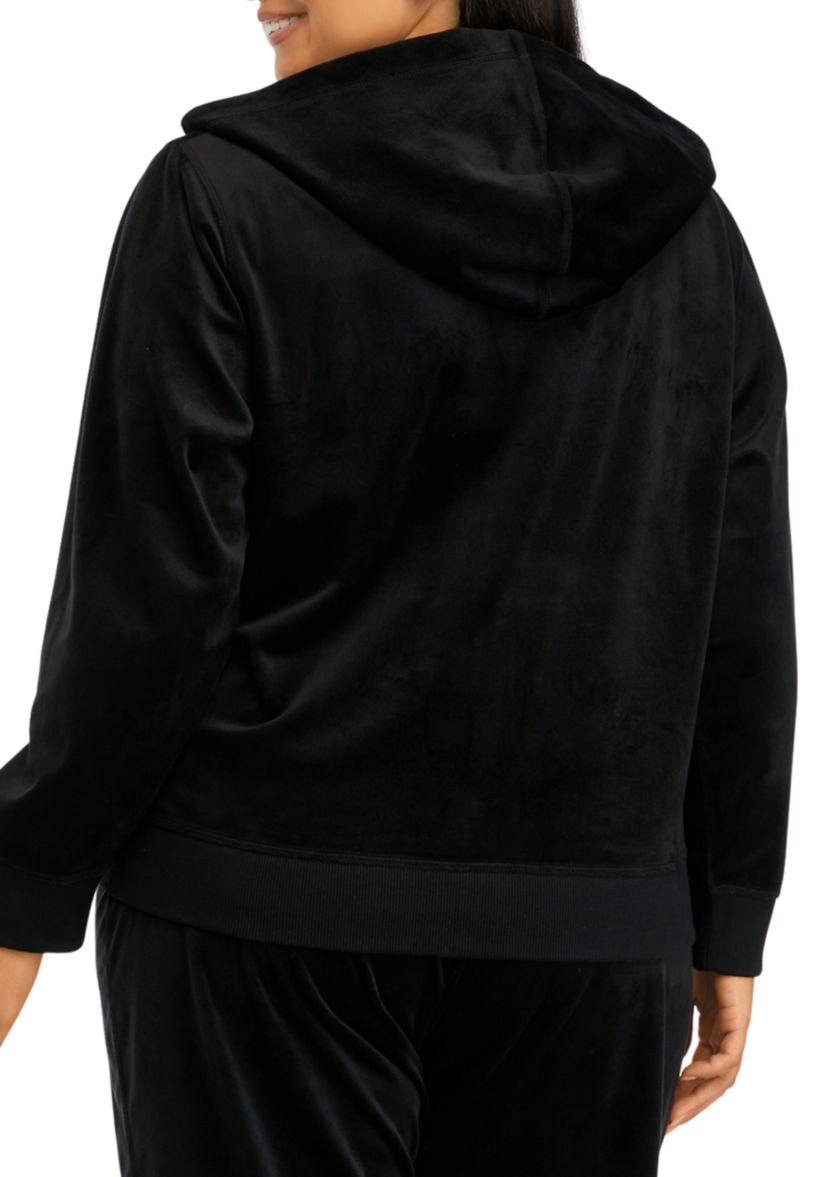 Plus Size Zippered Velour Hooded Jacket with Faux Leather Pockets