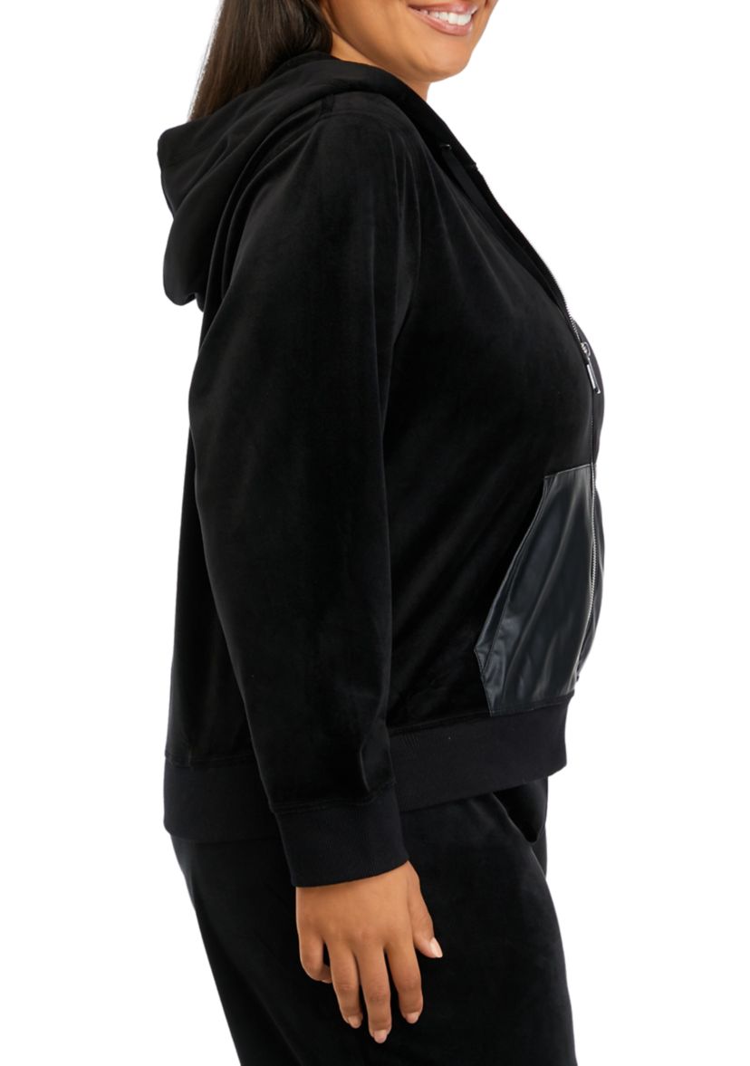Plus Size Zippered Velour Hooded Jacket with Faux Leather Pockets