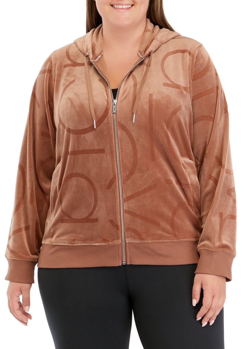 Plus Size Embossed Zip Velour Jacket