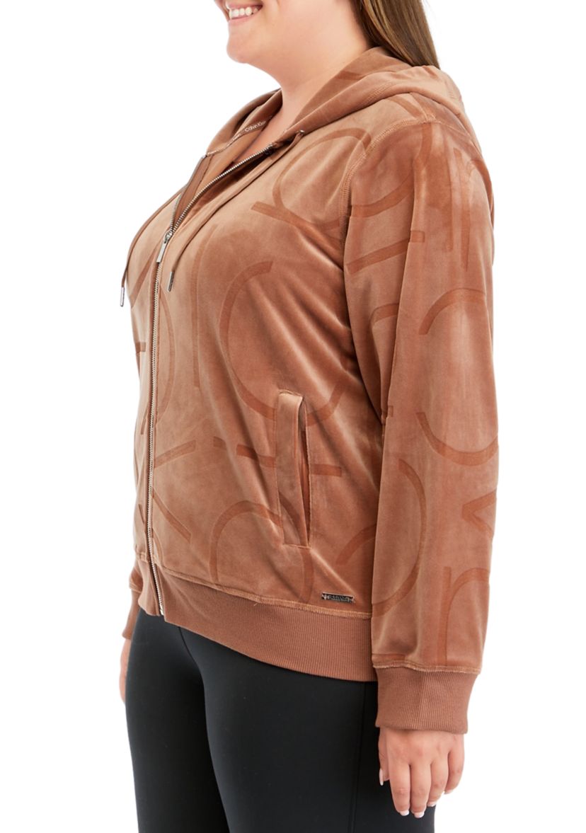 Plus Size Embossed Zip Velour Jacket