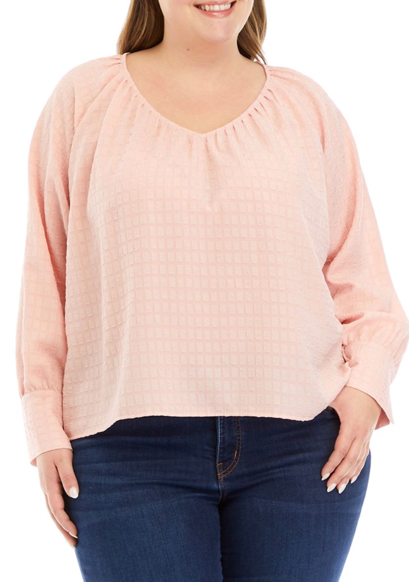 Plus Size Long Sleeve Jacquard Woven Top
