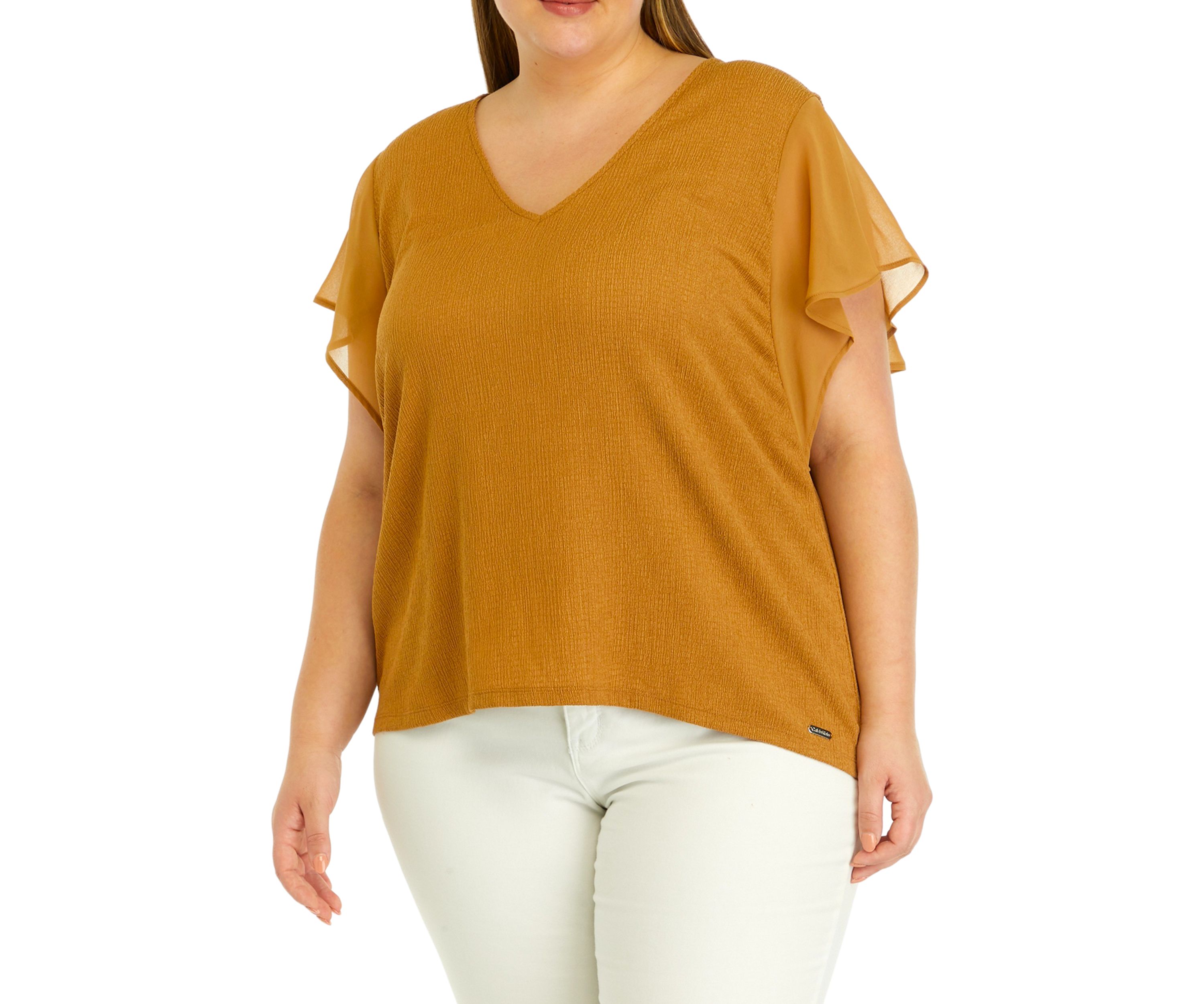 Plus Size Flutter Sleeve V-Neck Textured Knit Top