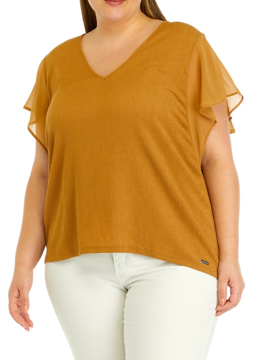 Plus Size Flutter Sleeve V-Neck Textured Knit Top