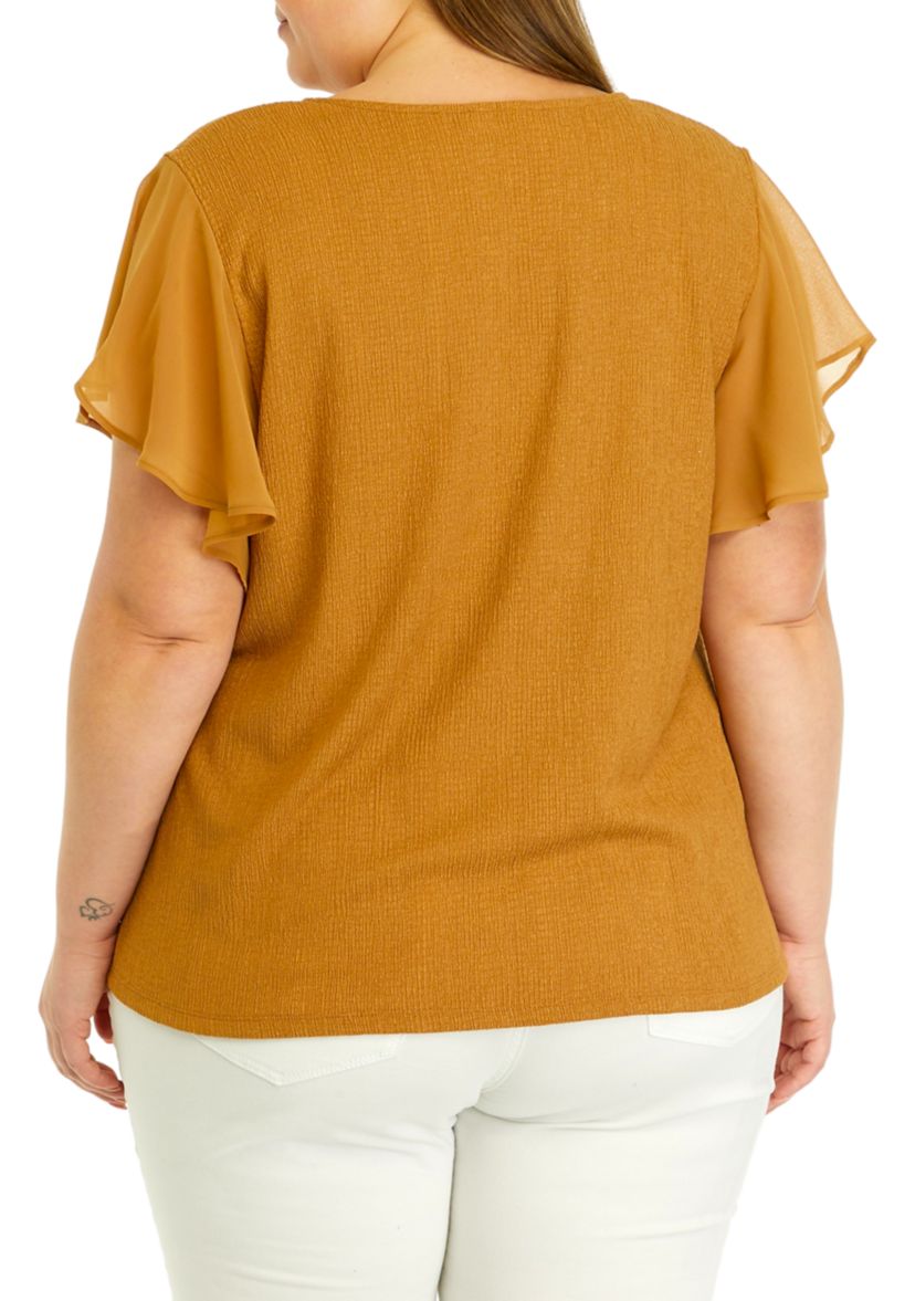 Plus Size Flutter Sleeve V-Neck Textured Knit Top