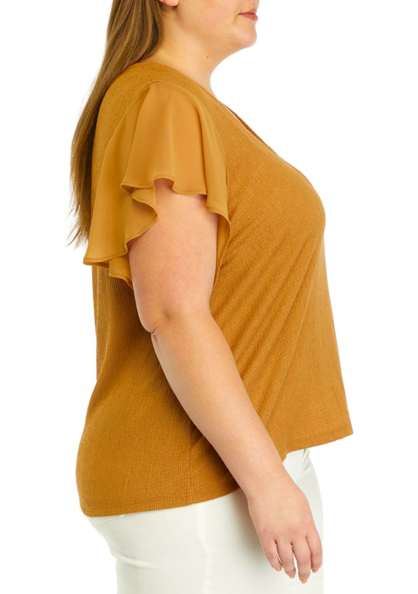 Plus Size Flutter Sleeve V-Neck Textured Knit Top