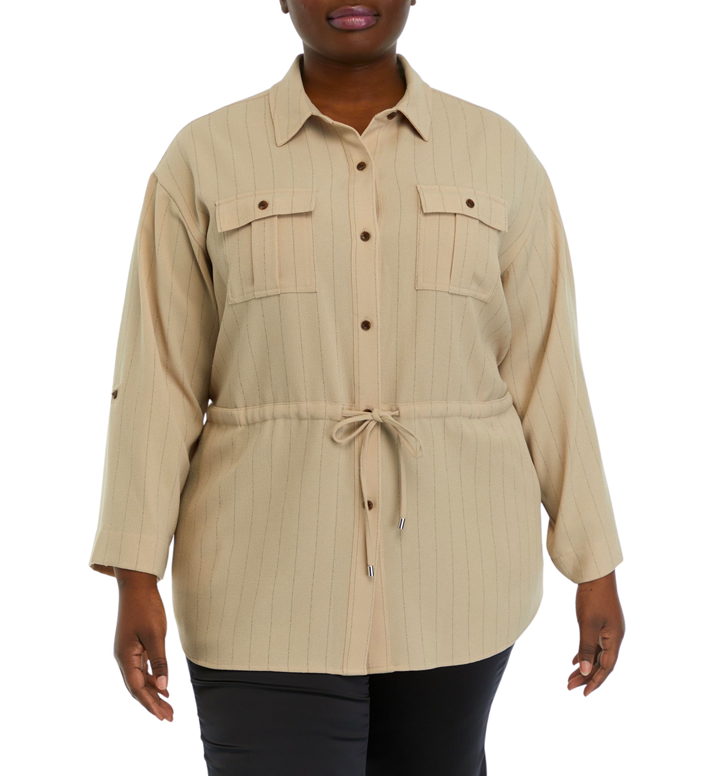 Plus Size Roll Sleeve Textured Stripe Shirt Jacket