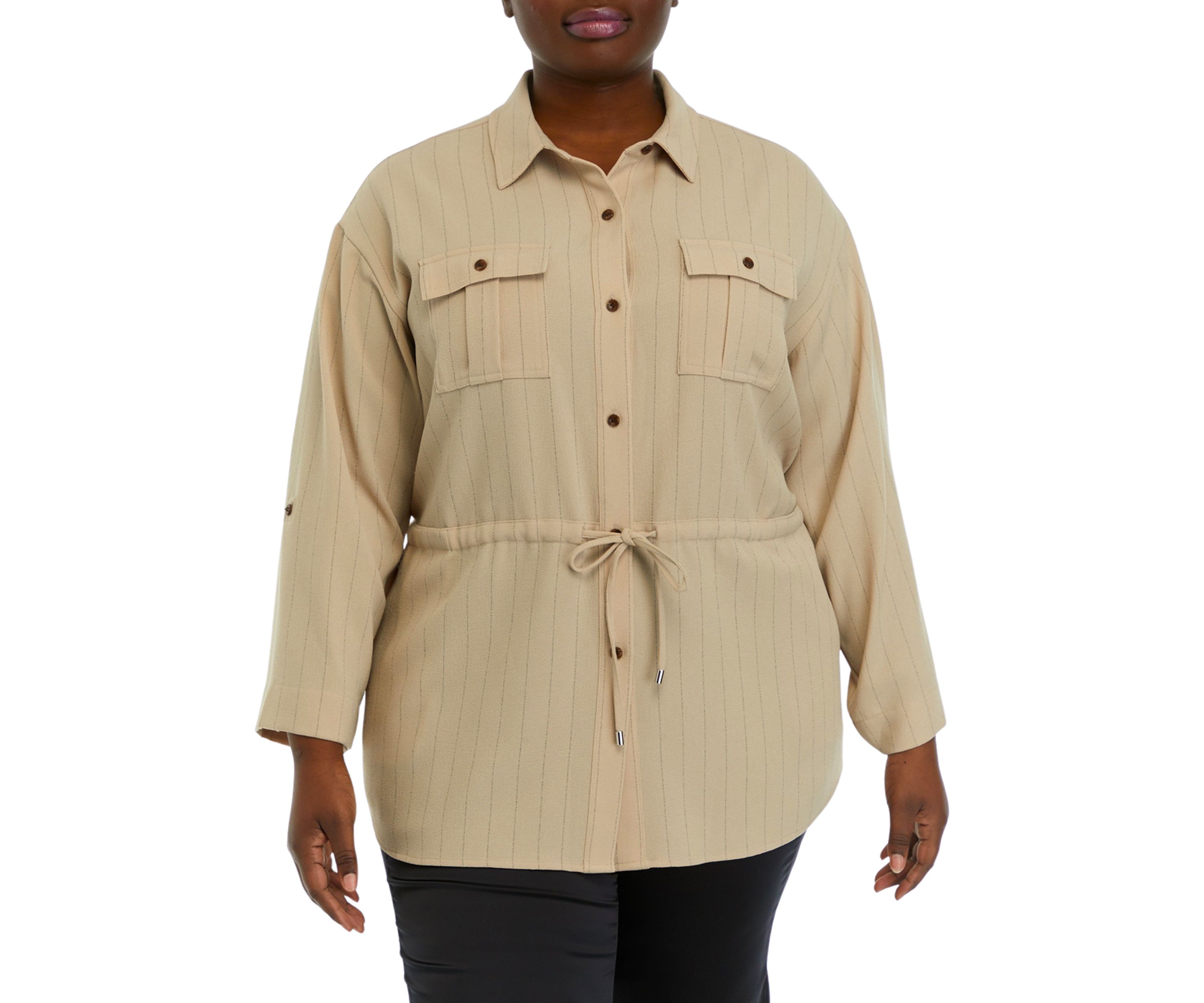 Plus Size Roll Sleeve Textured Stripe Shirt Jacket