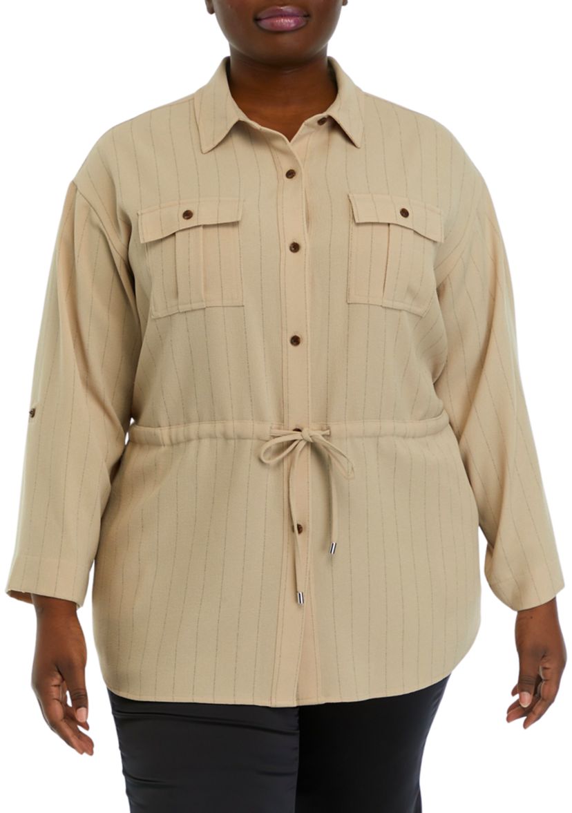Plus Size Roll Sleeve Textured Stripe Shirt Jacket