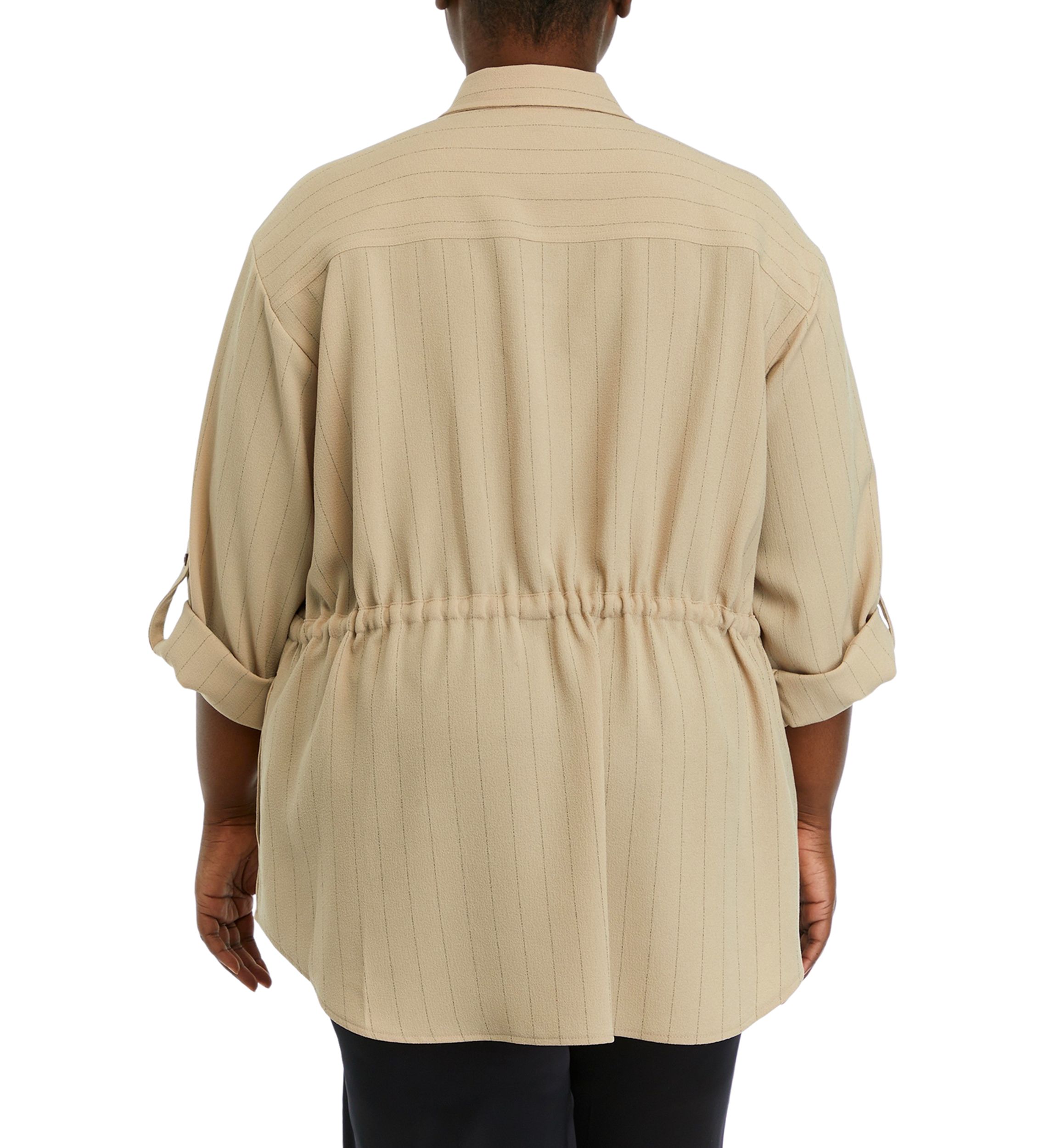 Plus Size Roll Sleeve Textured Stripe Shirt Jacket