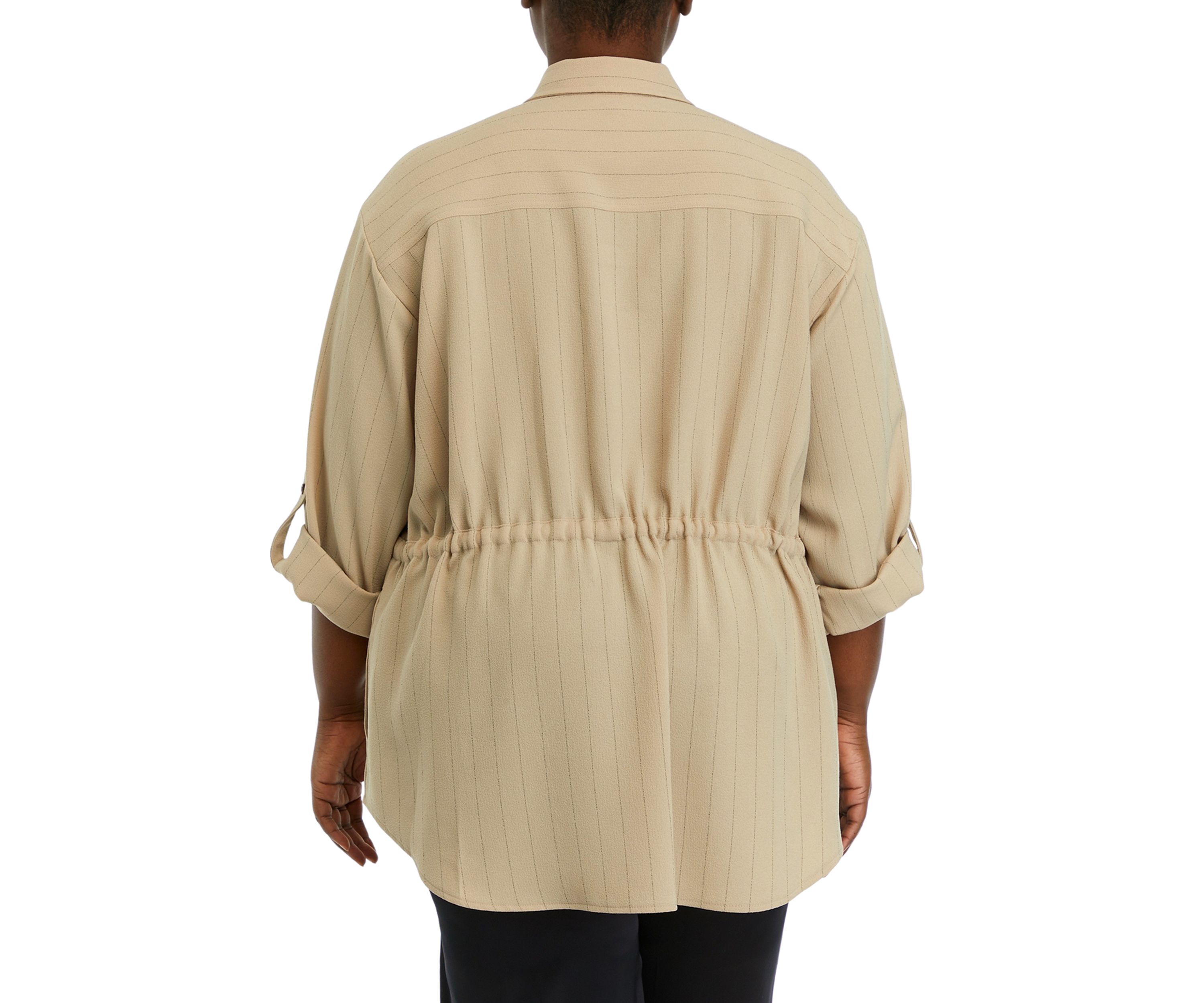 Plus Size Roll Sleeve Textured Stripe Shirt Jacket