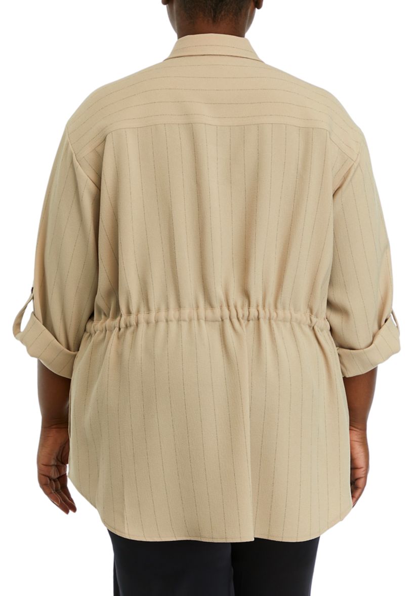 Plus Size Roll Sleeve Textured Stripe Shirt Jacket