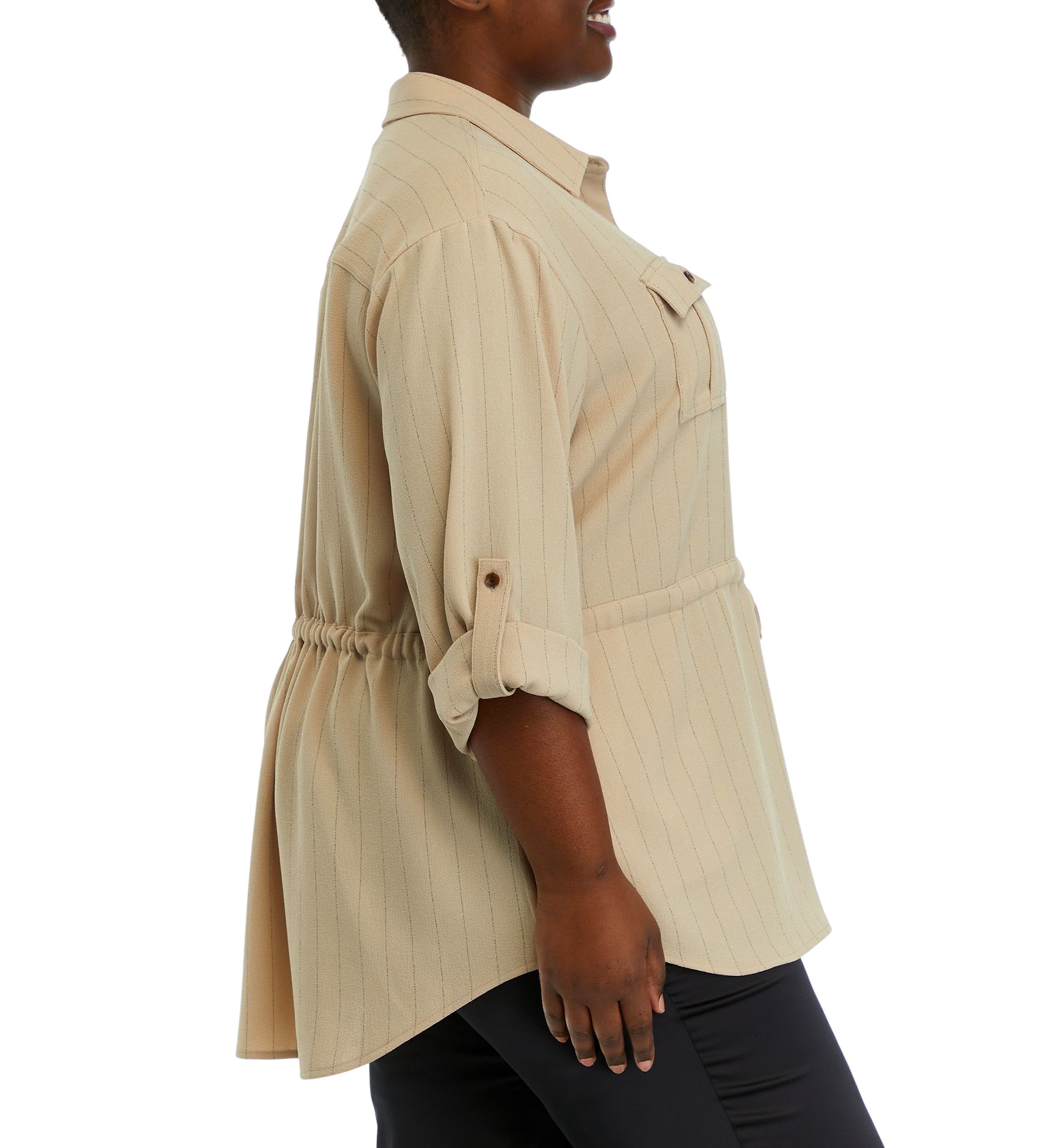 Plus Size Roll Sleeve Textured Stripe Shirt Jacket