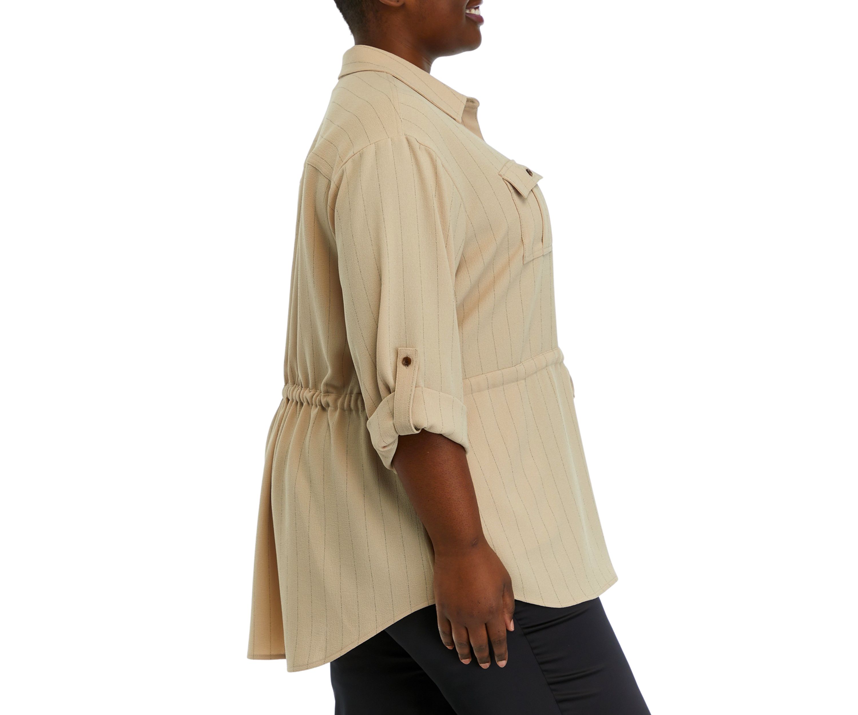 Plus Size Roll Sleeve Textured Stripe Shirt Jacket