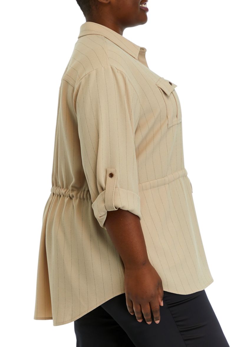Plus Size Roll Sleeve Textured Stripe Shirt Jacket